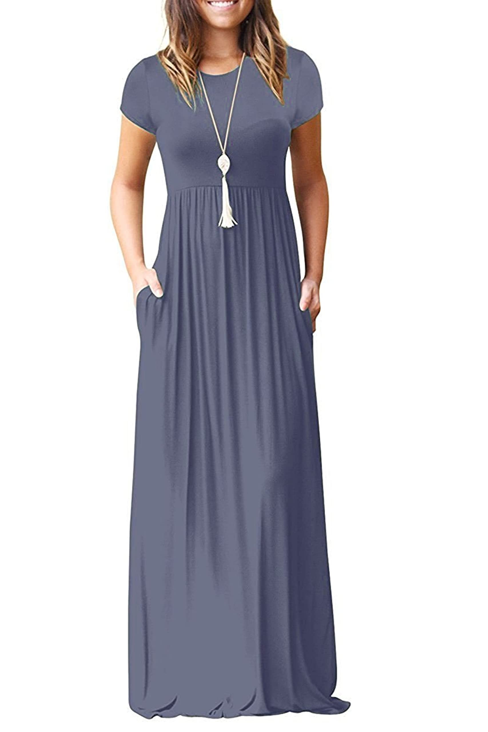 Rochie maxi Bridget pentru femei – guler rotund uni, croială fluidă și talie înaltă cu buzunare de vară