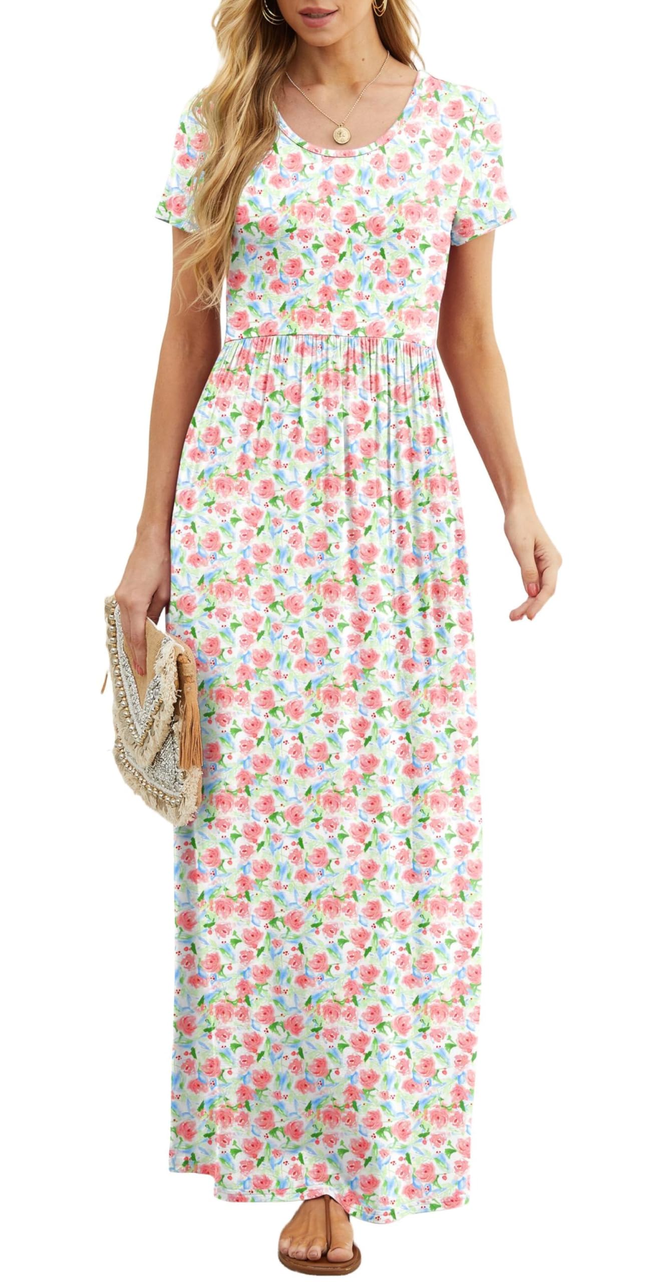 Rochie maxi Bridget pentru femei – guler rotund uni, croială fluidă și talie înaltă cu buzunare de vară
