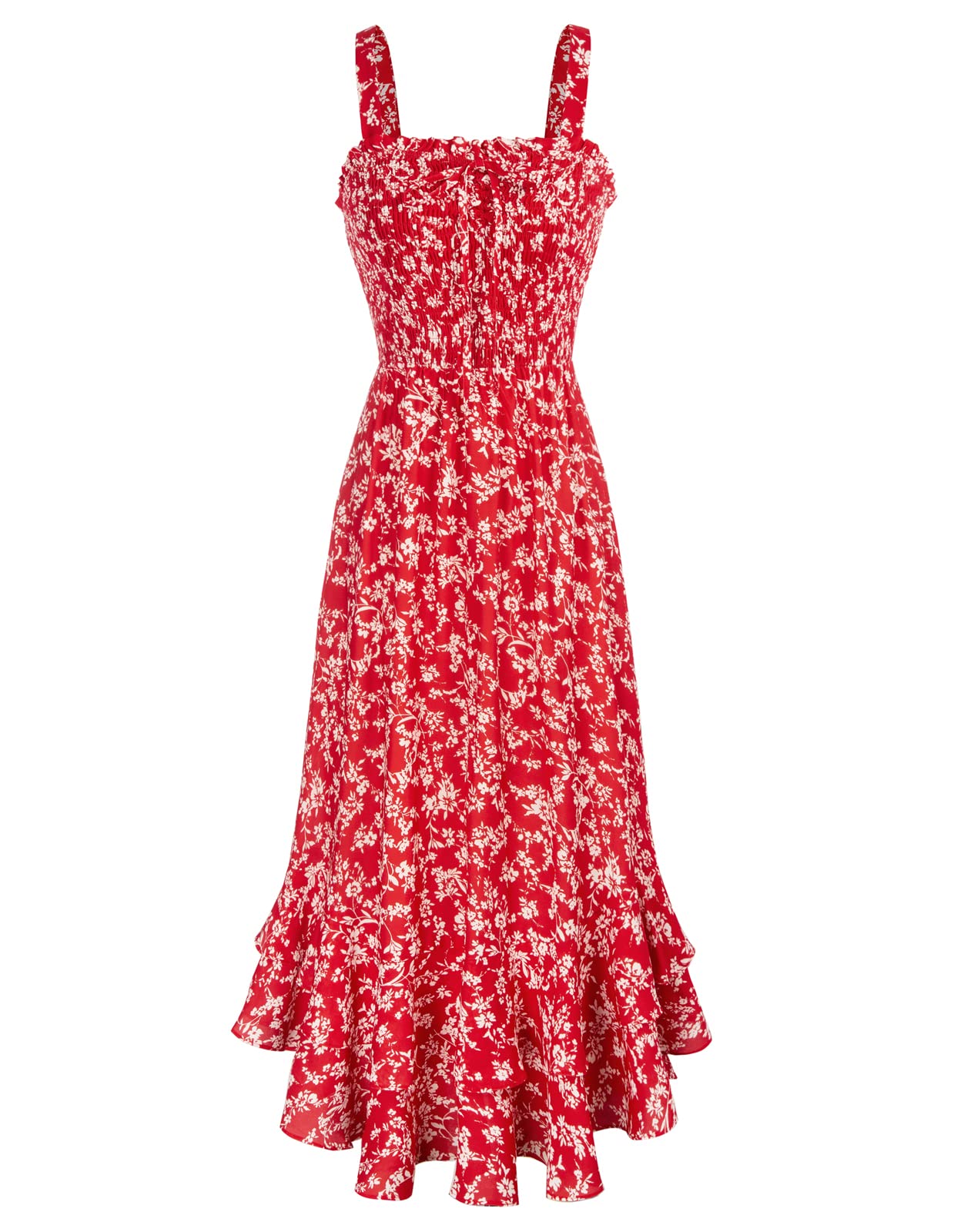 Vestido Maxi Mildred para Mulher – Decote Quadrado, Alças, Corte Evasé com Pregas e Barra com Folhos Verão