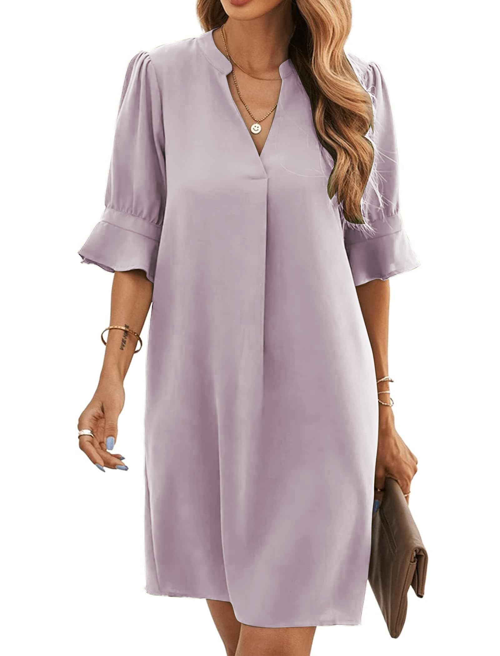 Bibiana Vestito Donna – Scollo a V Maniche Corte, Taglio Dritto Mini Fluido Tinta Unita Estate