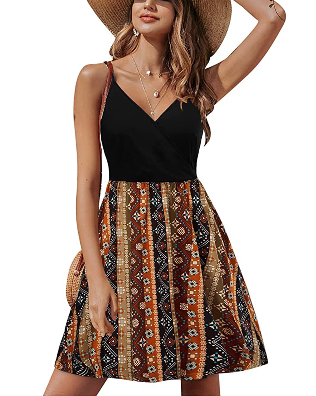 Lusha Robe Femme – Col V Bretelles Fines, Coupe A-Line Midi & Poches Taille Élastique Été