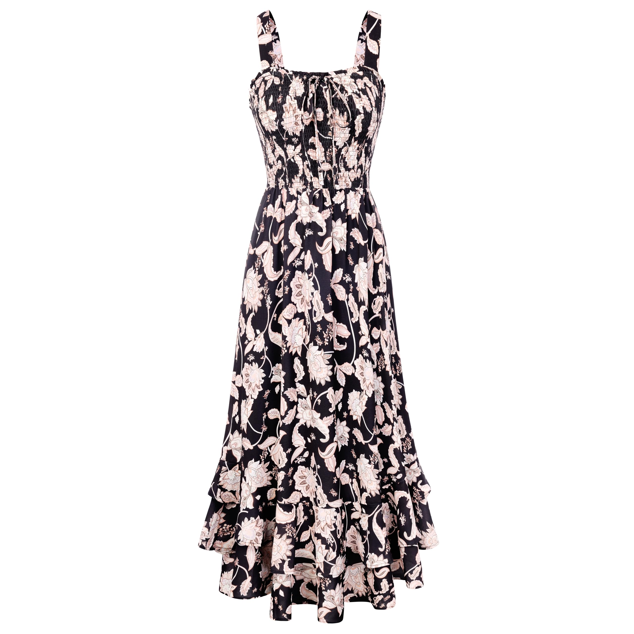 Vestido Maxi Mildred para Mulher – Decote Quadrado, Alças, Corte Evasé com Pregas e Barra com Folhos Verão