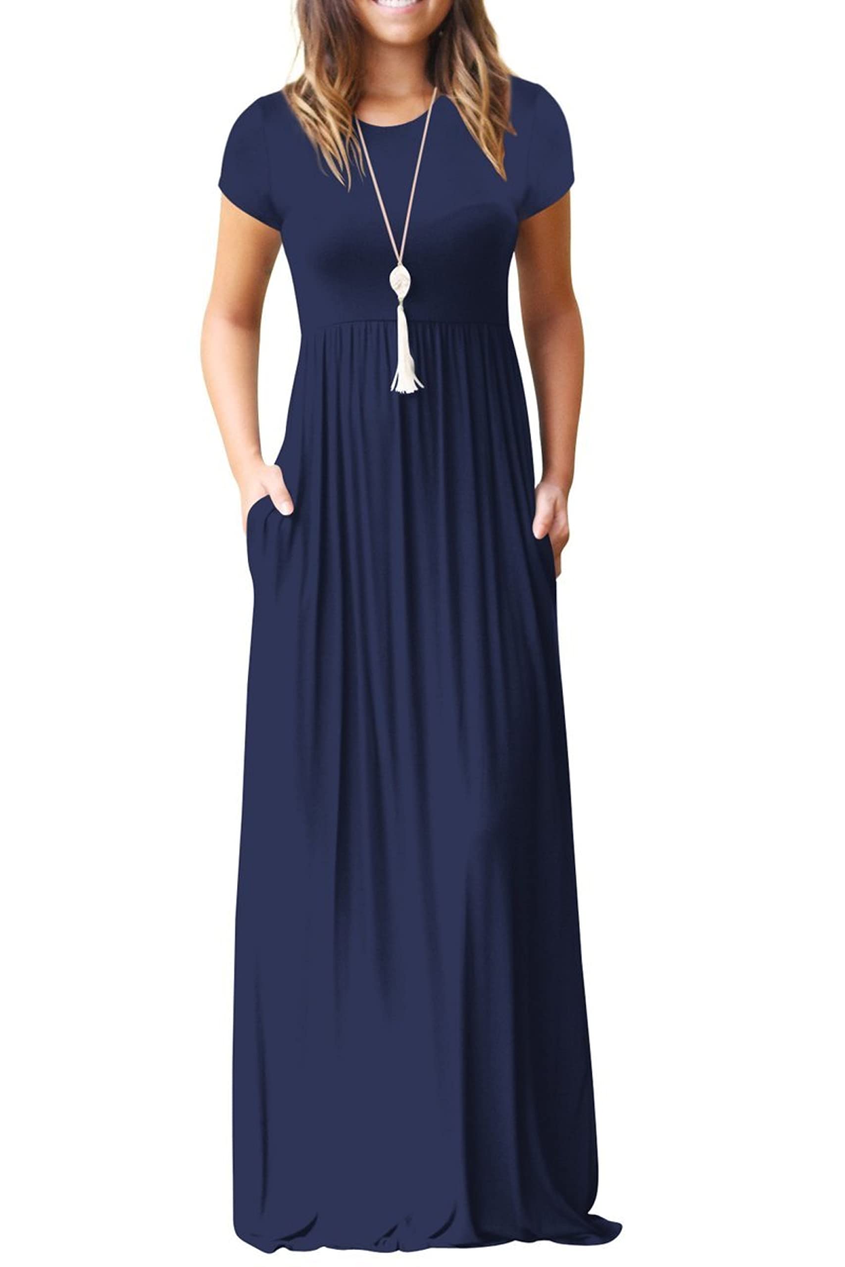 Rochie maxi Bridget pentru femei – guler rotund uni, croială fluidă și talie înaltă cu buzunare de vară