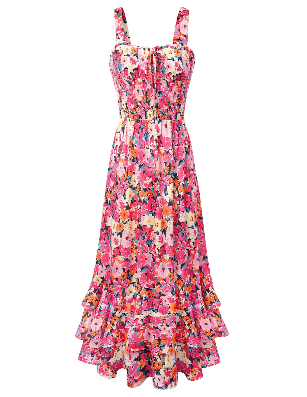 Vestido Maxi Mildred para Mulher – Decote Quadrado, Alças, Corte Evasé com Pregas e Barra com Folhos Verão