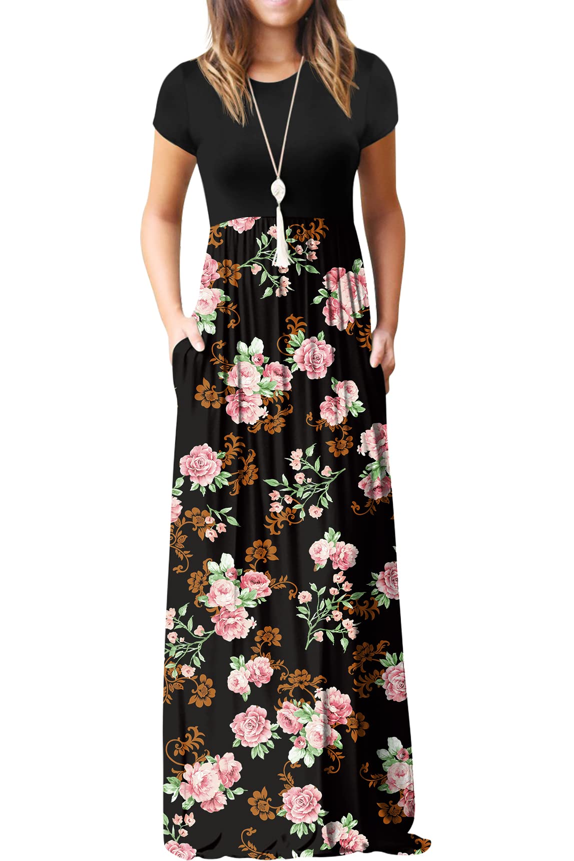 Rochie maxi Bridget pentru femei – guler rotund uni, croială fluidă și talie înaltă cu buzunare de vară