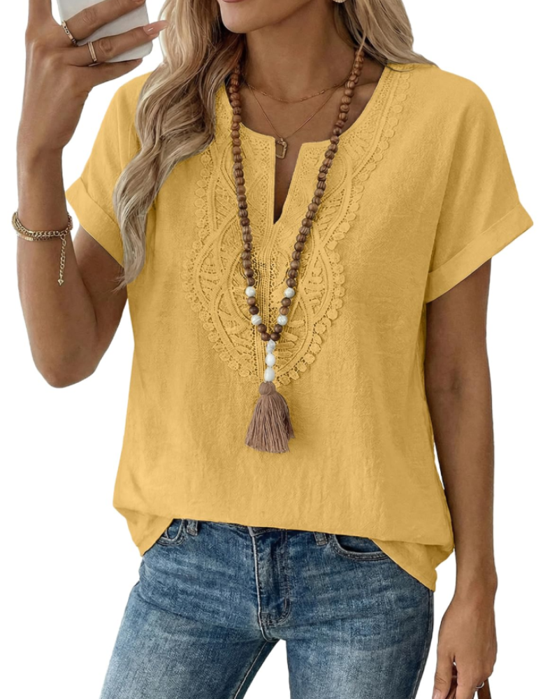 Blusa Aelina para mujer – Top bohemio con escote en V, encaje y corte suelto elegante