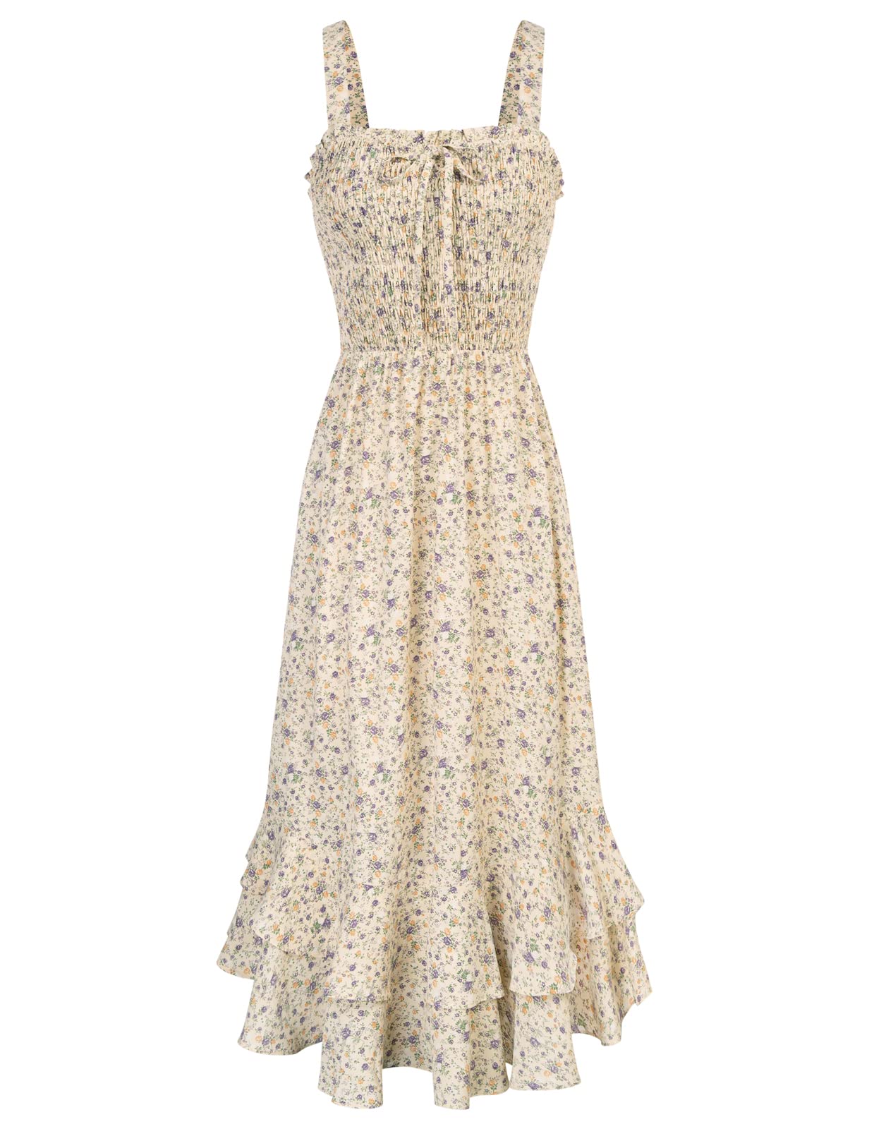 Vestido Maxi Mildred para Mulher – Decote Quadrado, Alças, Corte Evasé com Pregas e Barra com Folhos Verão