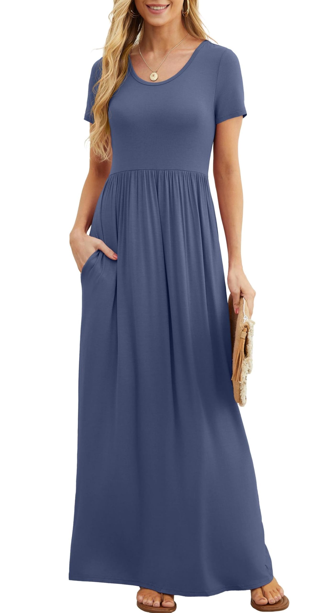 Rochie maxi Bridget pentru femei – guler rotund uni, croială fluidă și talie înaltă cu buzunare de vară