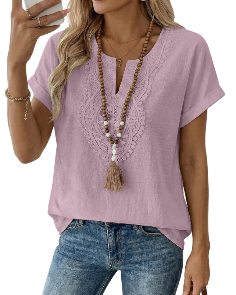 Blusa Aelina para mujer – Top bohemio con escote en V, encaje y corte suelto elegante