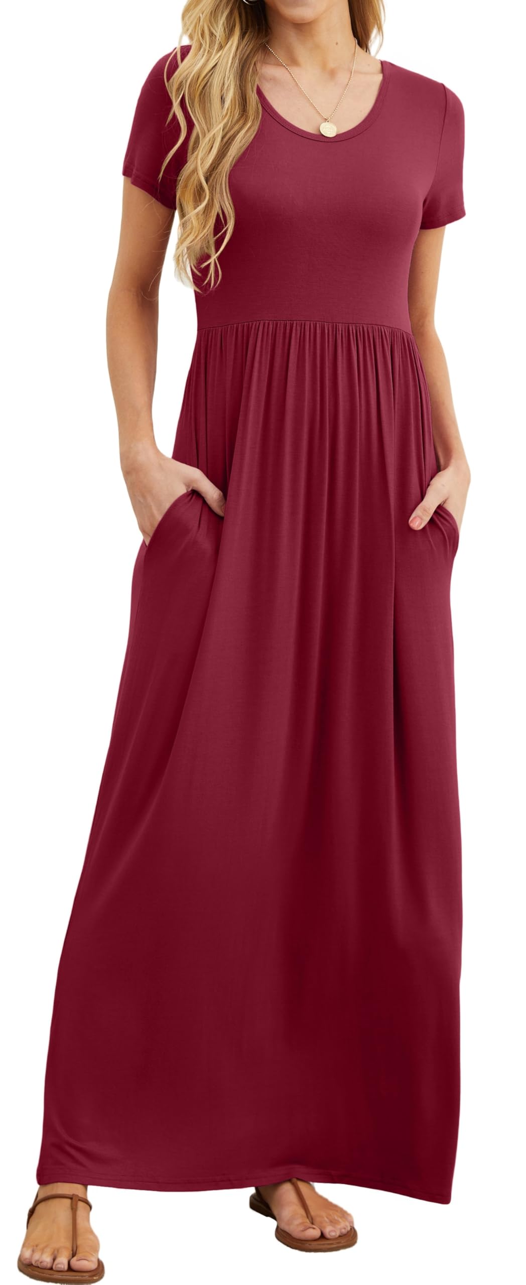 Rochie maxi Bridget pentru femei – guler rotund uni, croială fluidă și talie înaltă cu buzunare de vară