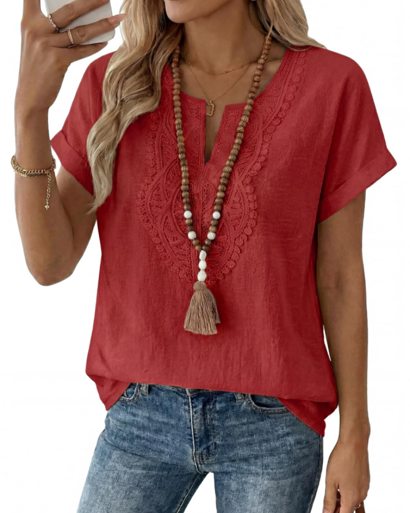 Blusa Aelina para mujer – Top bohemio con escote en V, encaje y corte suelto elegante