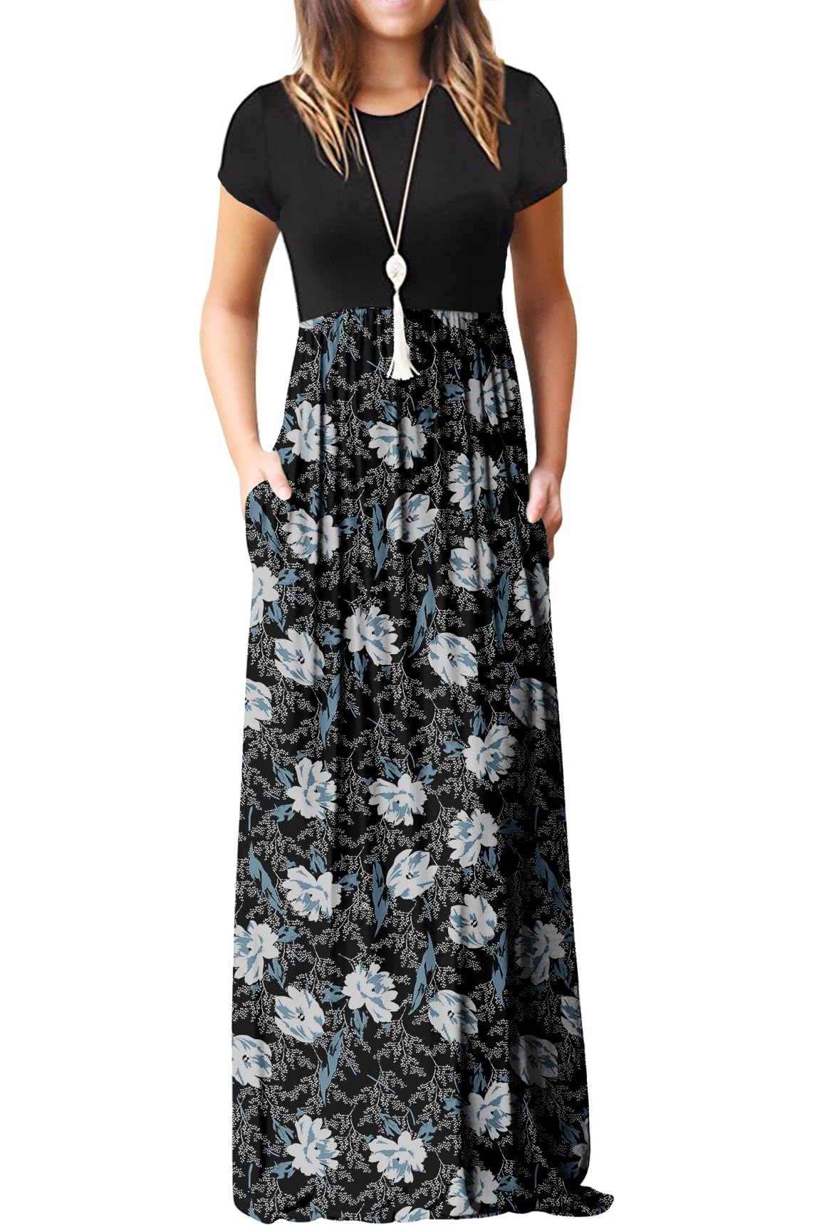 Rochie maxi Bridget pentru femei – guler rotund uni, croială fluidă și talie înaltă cu buzunare de vară