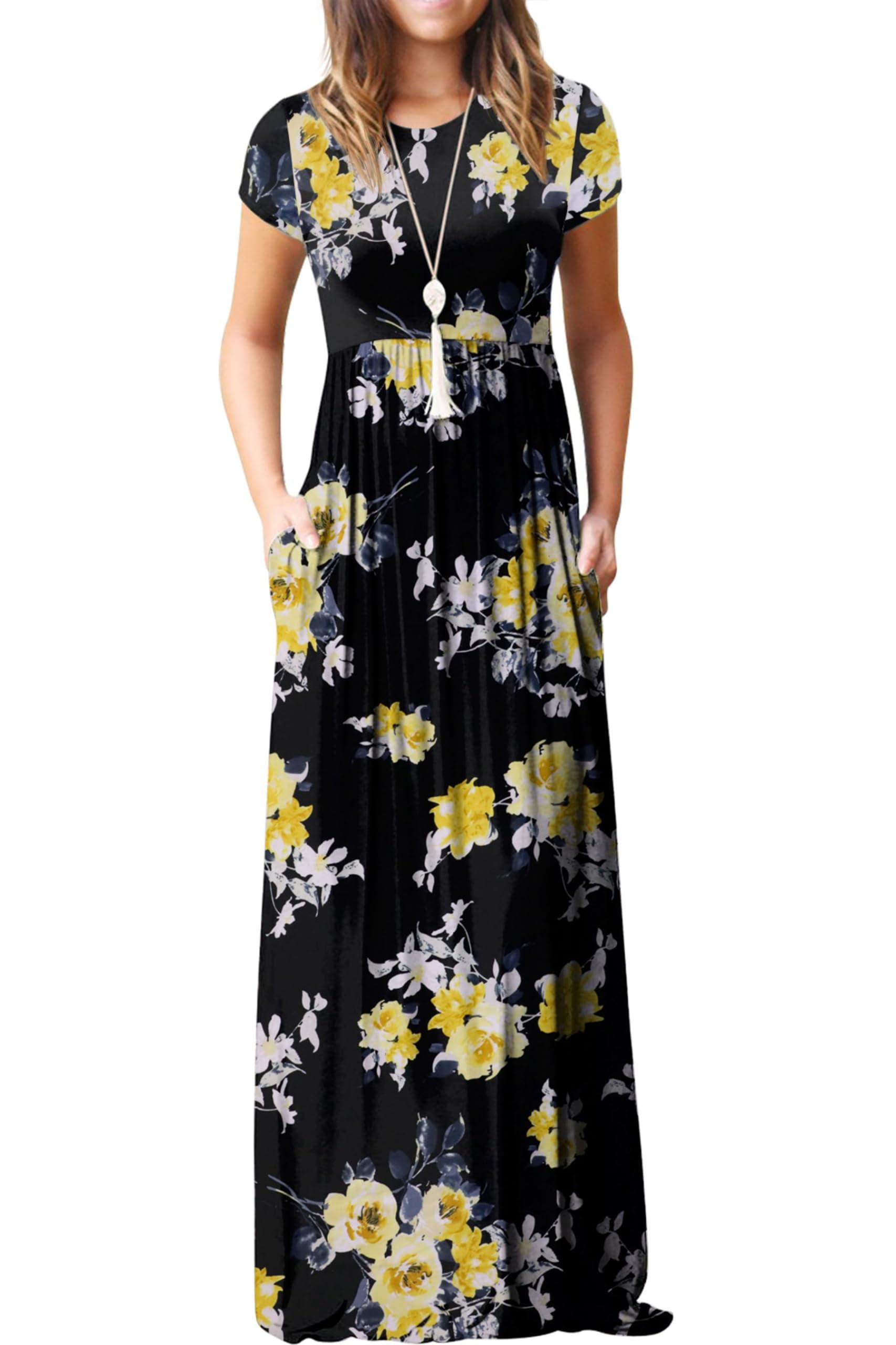Rochie maxi Bridget pentru femei – guler rotund uni, croială fluidă și talie înaltă cu buzunare de vară