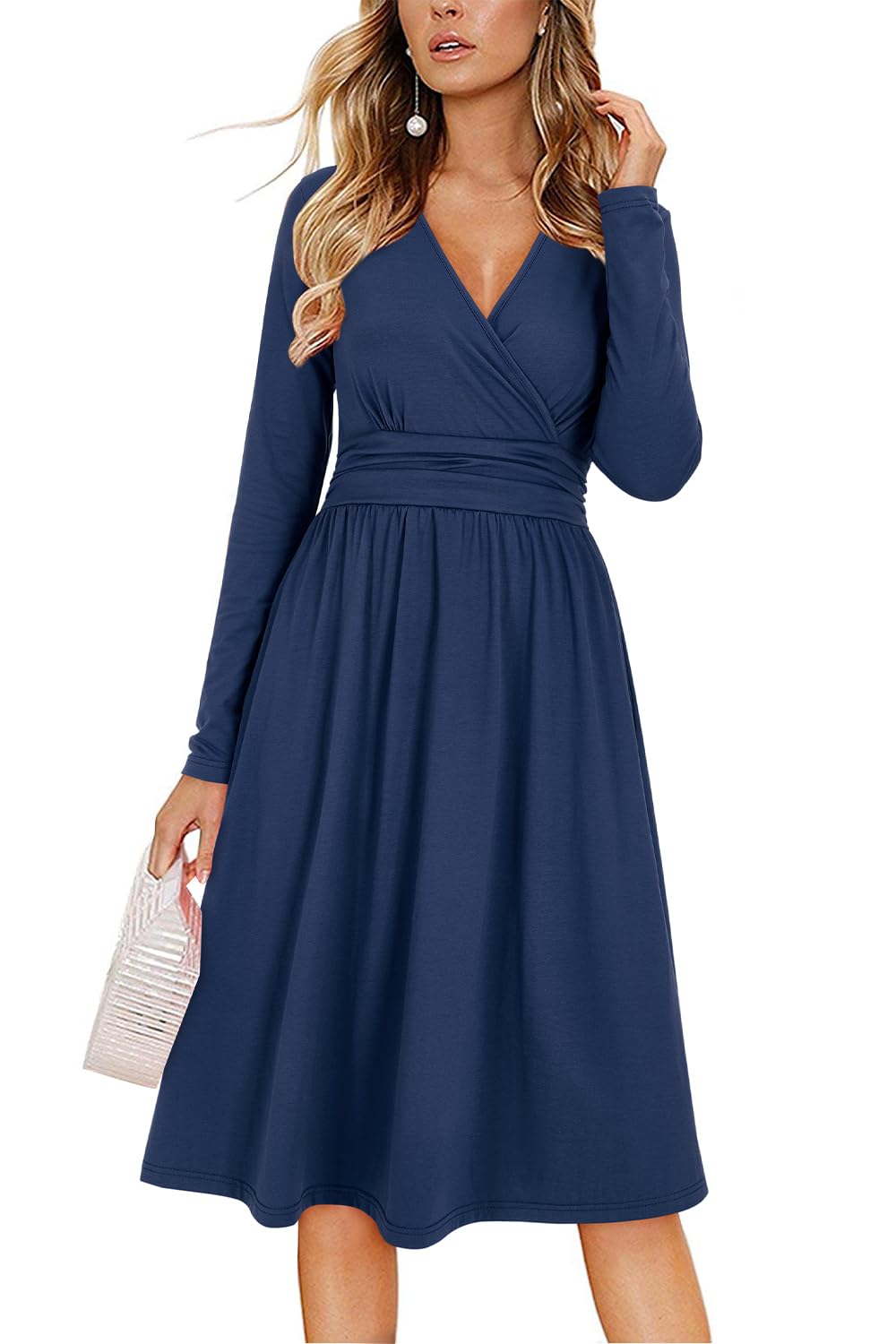 Vestido Regina Mulher – Decote em V Liso, Mangas Compridas e Corte Midi Evasê com Bolsos