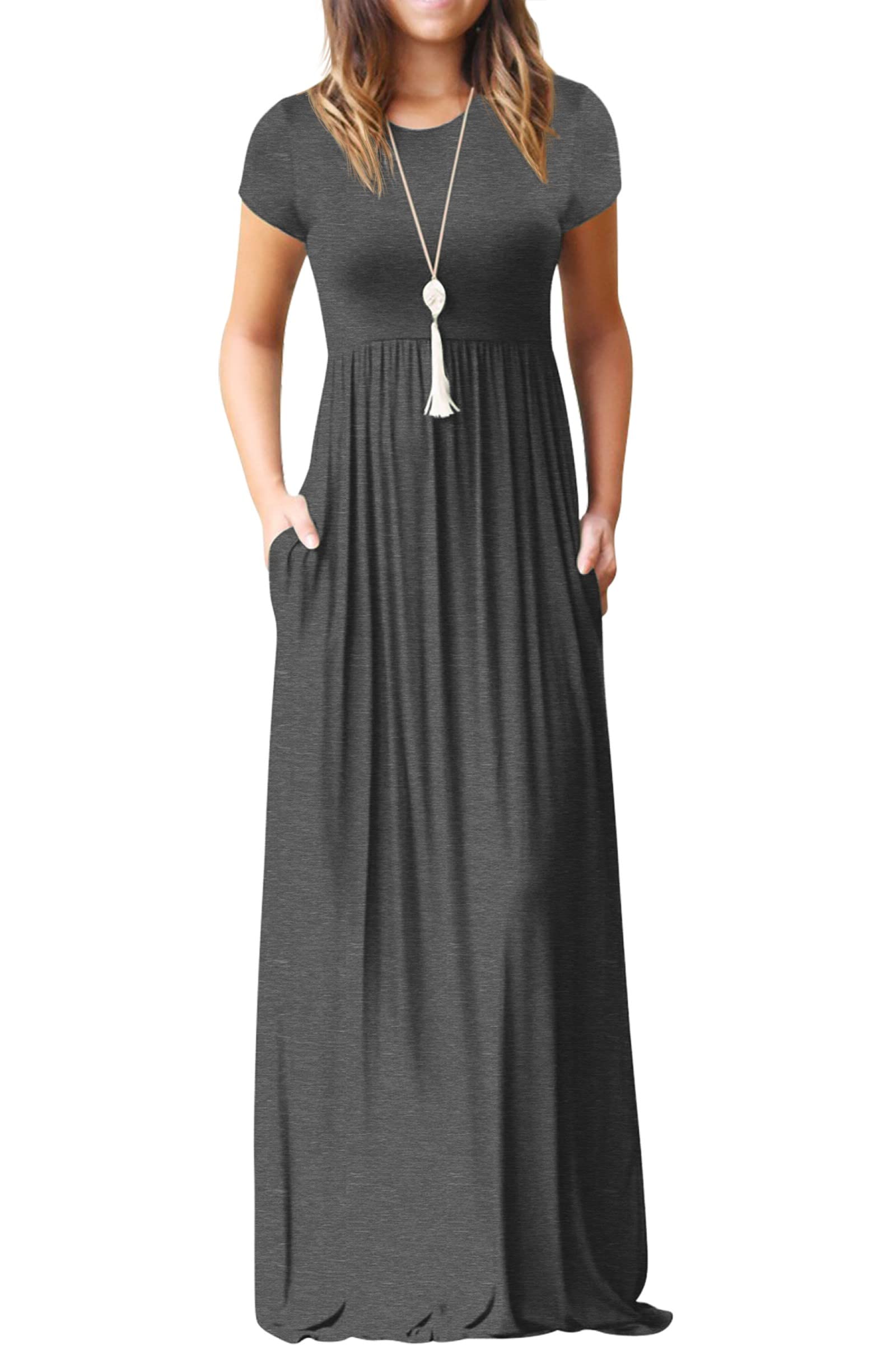 Rochie maxi Bridget pentru femei – guler rotund uni, croială fluidă și talie înaltă cu buzunare de vară