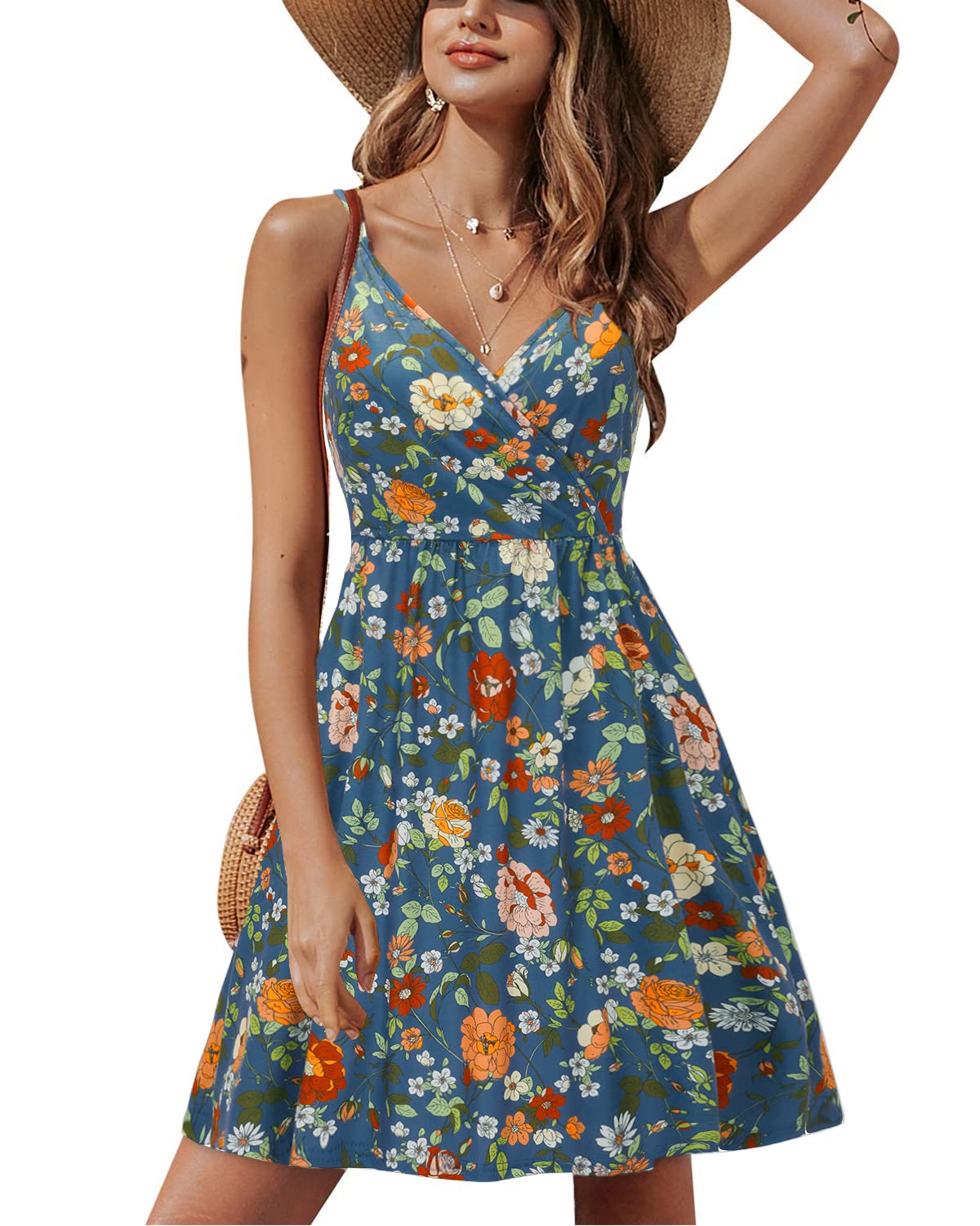 Lusha Robe Femme – Col V Bretelles Fines, Coupe A-Line Midi & Poches Taille Élastique Été