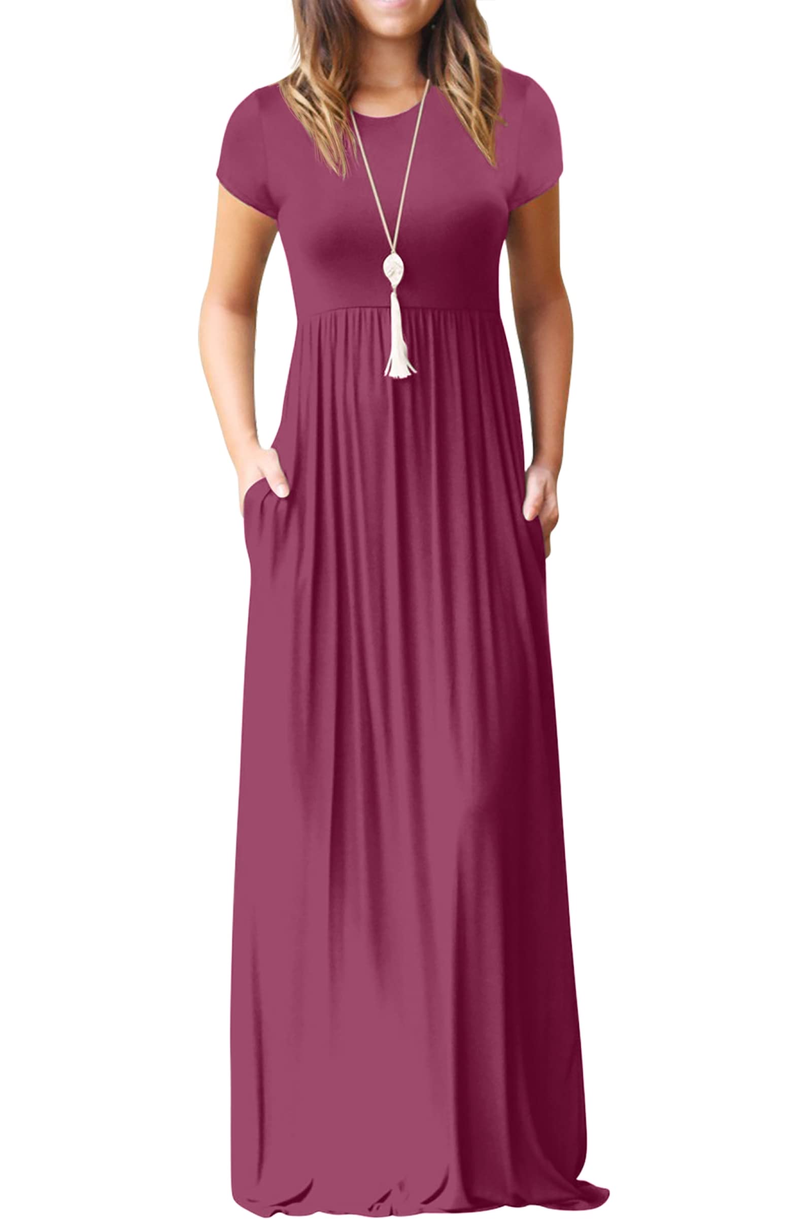 Rochie maxi Bridget pentru femei – guler rotund uni, croială fluidă și talie înaltă cu buzunare de vară