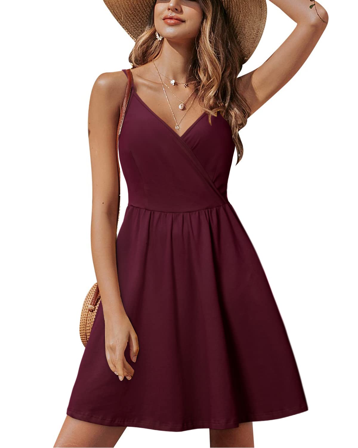 Lusha Robe Femme – Col V Bretelles Fines, Coupe A-Line Midi & Poches Taille Élastique Été