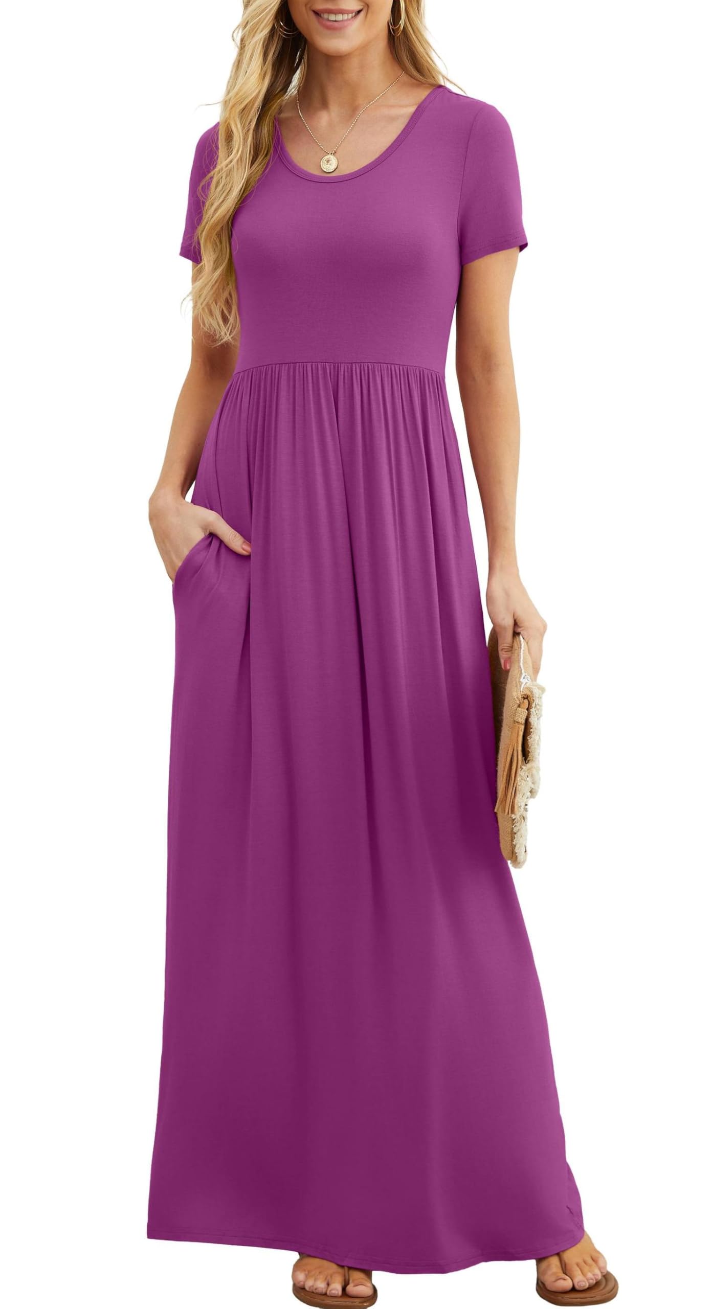 Rochie maxi Bridget pentru femei – guler rotund uni, croială fluidă și talie înaltă cu buzunare de vară