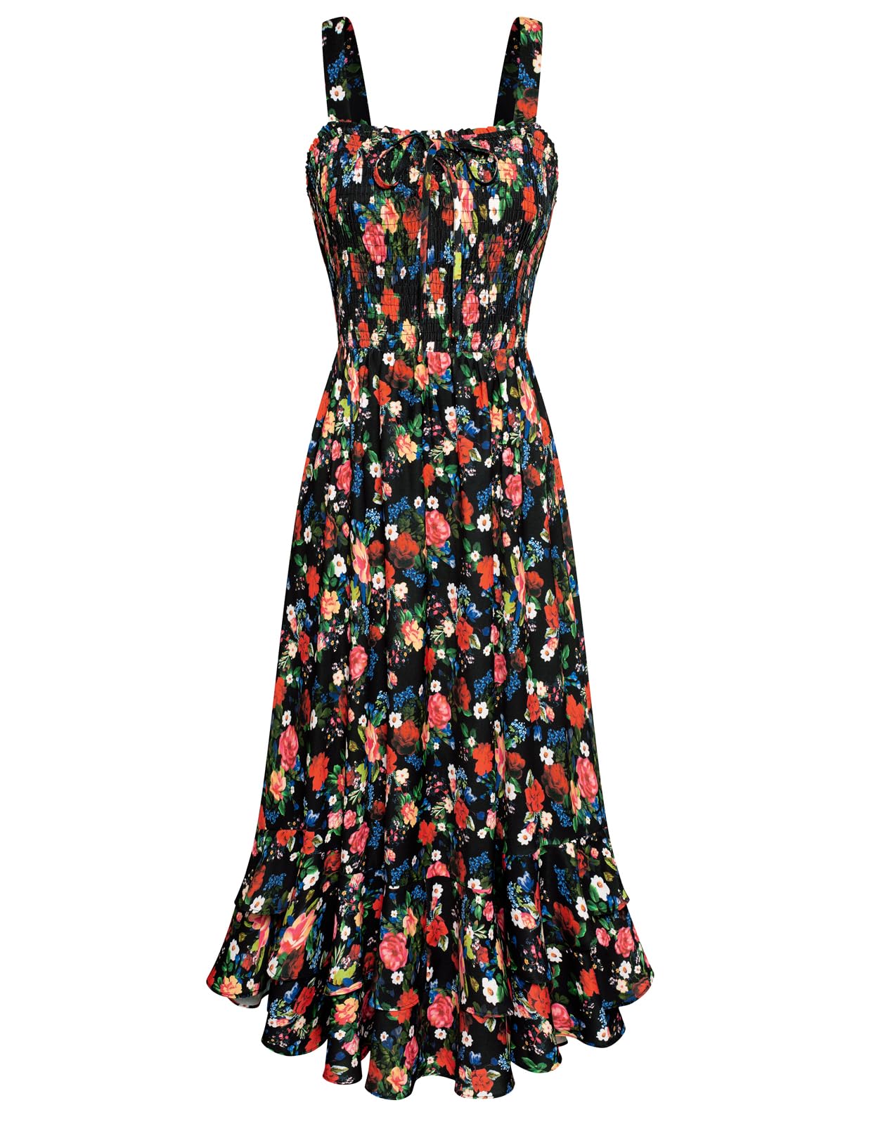 Vestido Maxi Mildred para Mulher – Decote Quadrado, Alças, Corte Evasé com Pregas e Barra com Folhos Verão