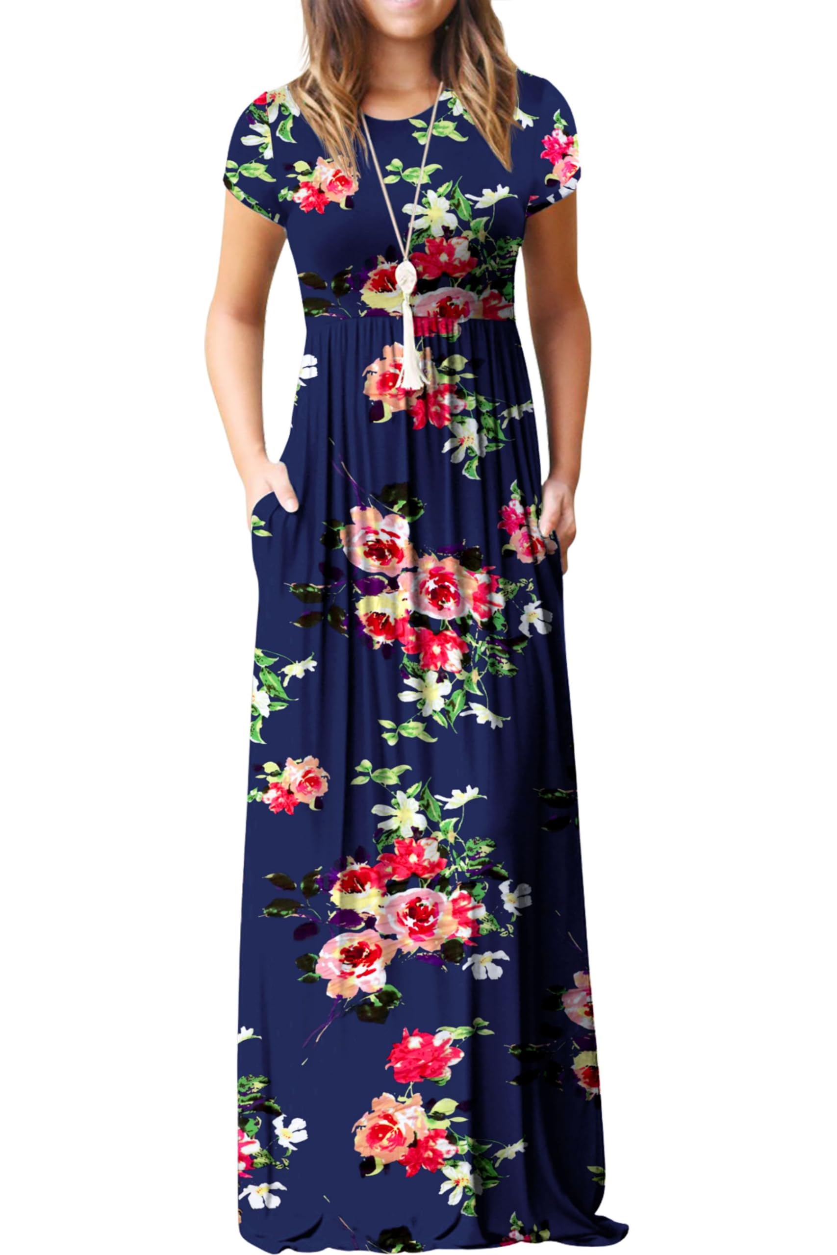 Rochie maxi Bridget pentru femei – guler rotund uni, croială fluidă și talie înaltă cu buzunare de vară
