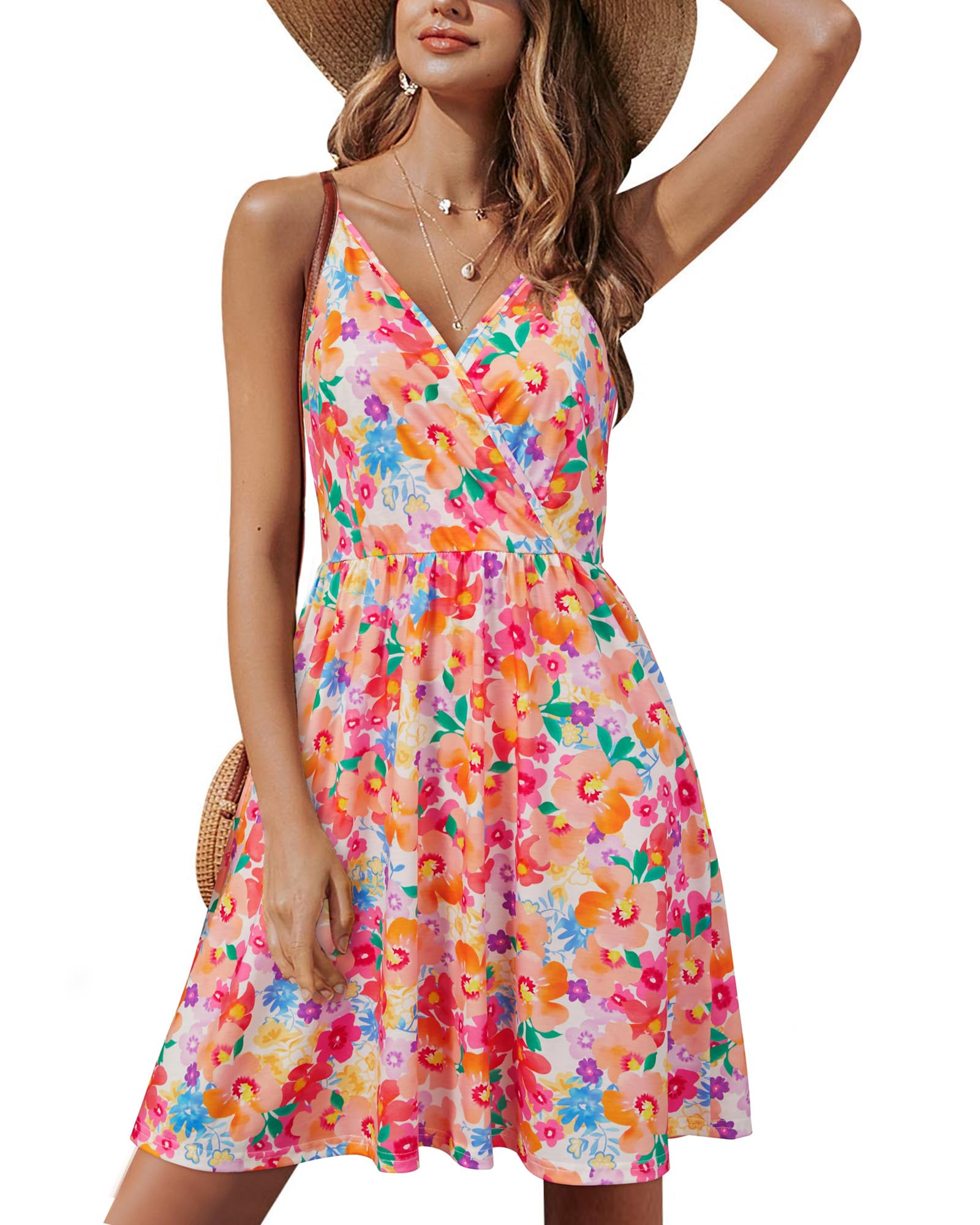 Lusha Robe Femme – Col V Bretelles Fines, Coupe A-Line Midi & Poches Taille Élastique Été