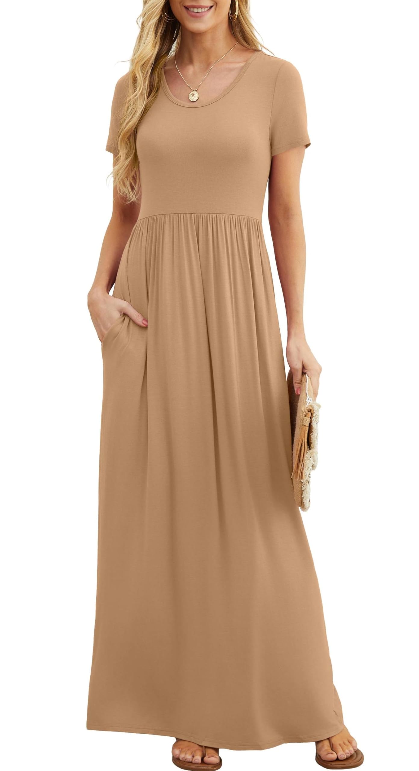 Rochie maxi Bridget pentru femei – guler rotund uni, croială fluidă și talie înaltă cu buzunare de vară