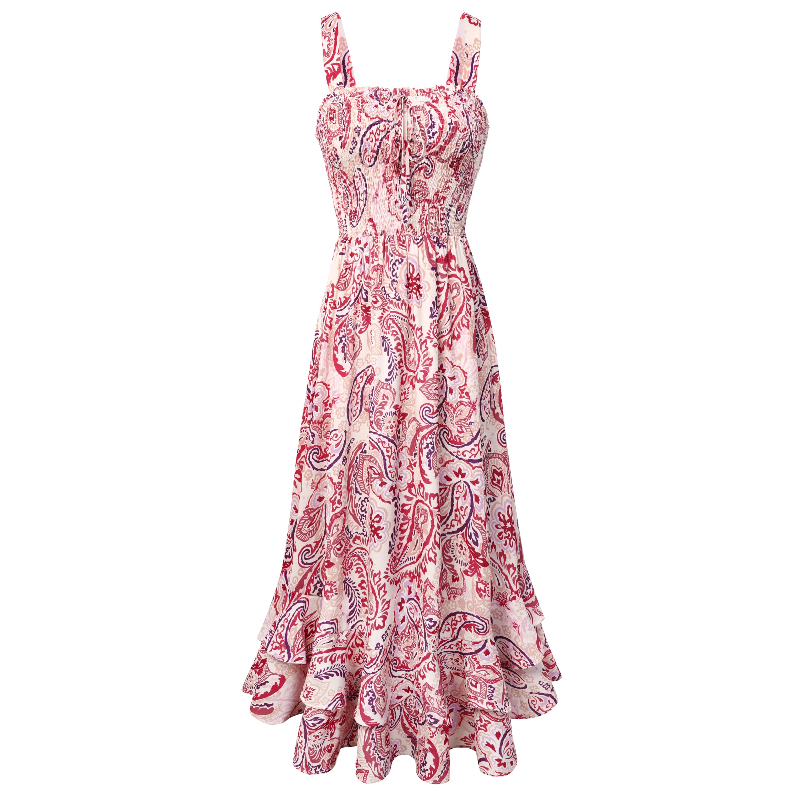 Vestido Maxi Mildred para Mulher – Decote Quadrado, Alças, Corte Evasé com Pregas e Barra com Folhos Verão