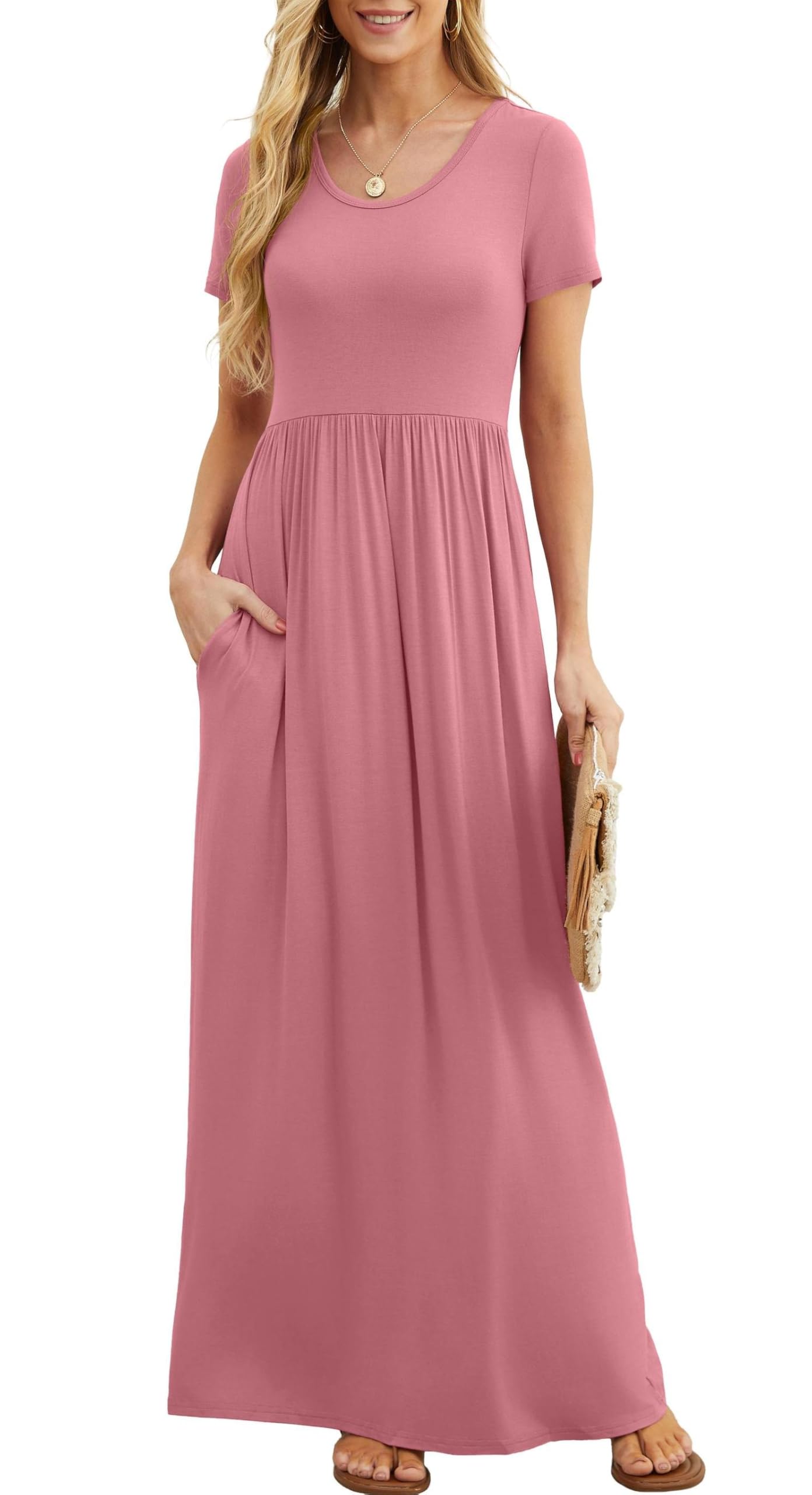 Rochie maxi Bridget pentru femei – guler rotund uni, croială fluidă și talie înaltă cu buzunare de vară