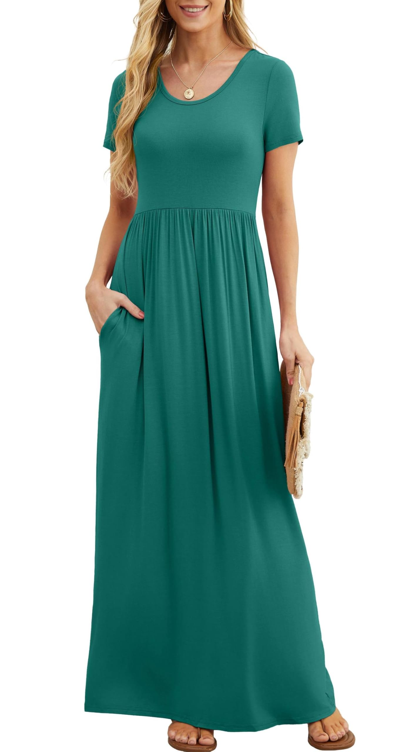 Rochie maxi Bridget pentru femei – guler rotund uni, croială fluidă și talie înaltă cu buzunare de vară