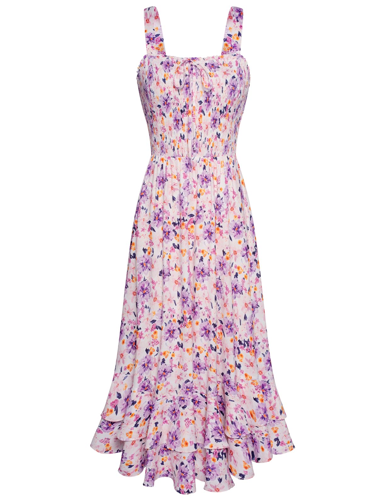 Vestido Maxi Mildred para Mulher – Decote Quadrado, Alças, Corte Evasé com Pregas e Barra com Folhos Verão