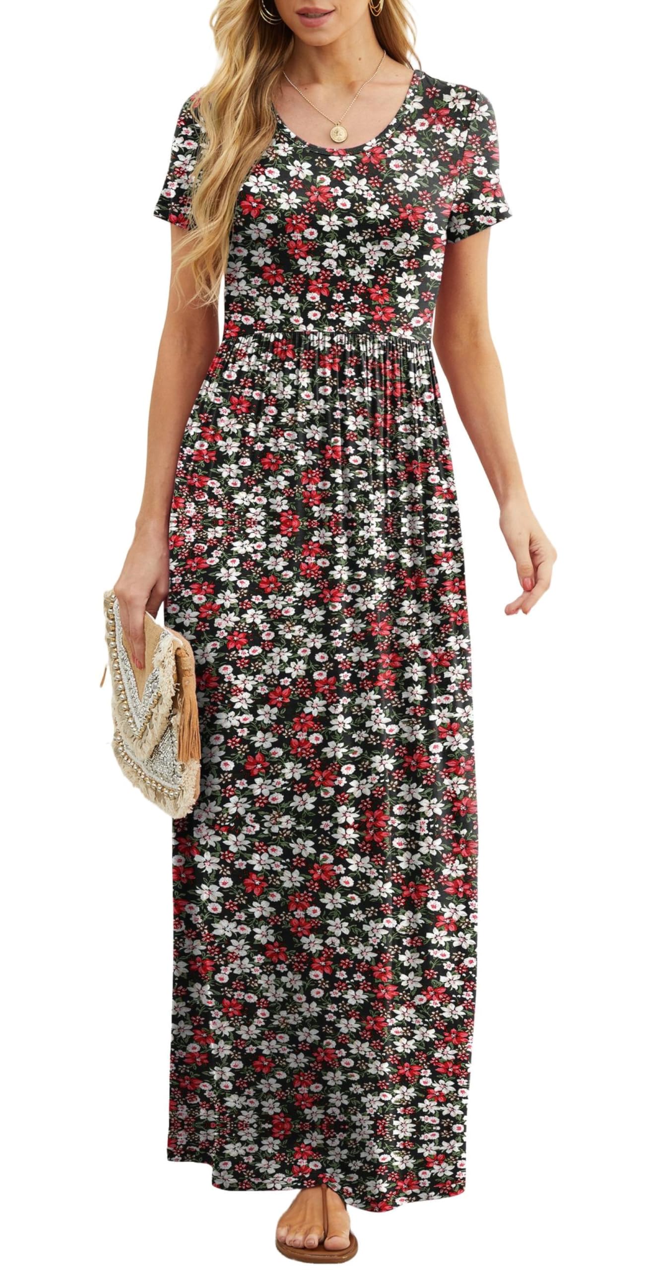 Rochie maxi Bridget pentru femei – guler rotund uni, croială fluidă și talie înaltă cu buzunare de vară
