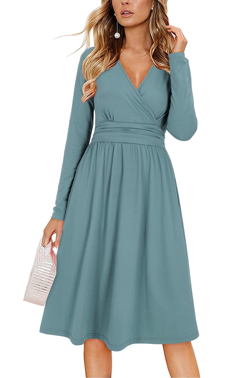 Vestido Regina Mulher – Decote em V Liso, Mangas Compridas e Corte Midi Evasê com Bolsos