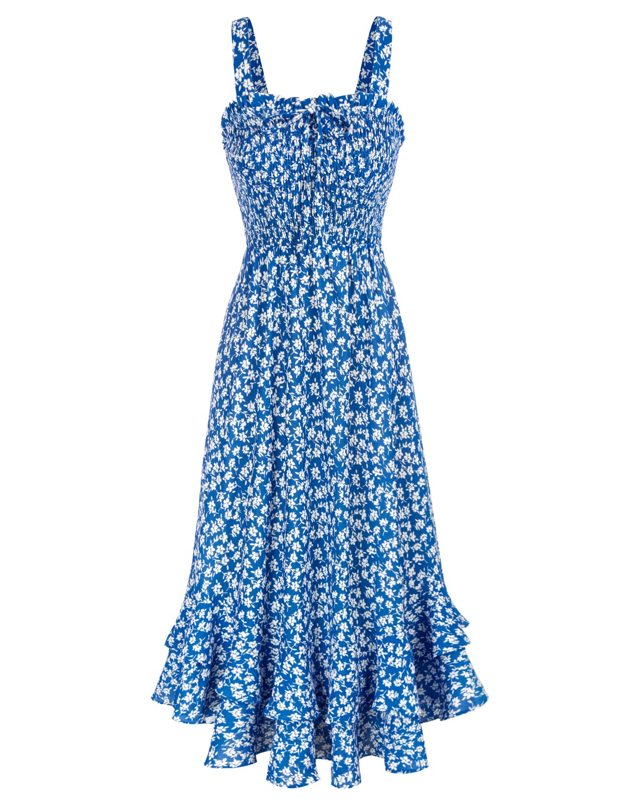 Vestido Maxi Mildred para Mulher – Decote Quadrado, Alças, Corte Evasé com Pregas e Barra com Folhos Verão