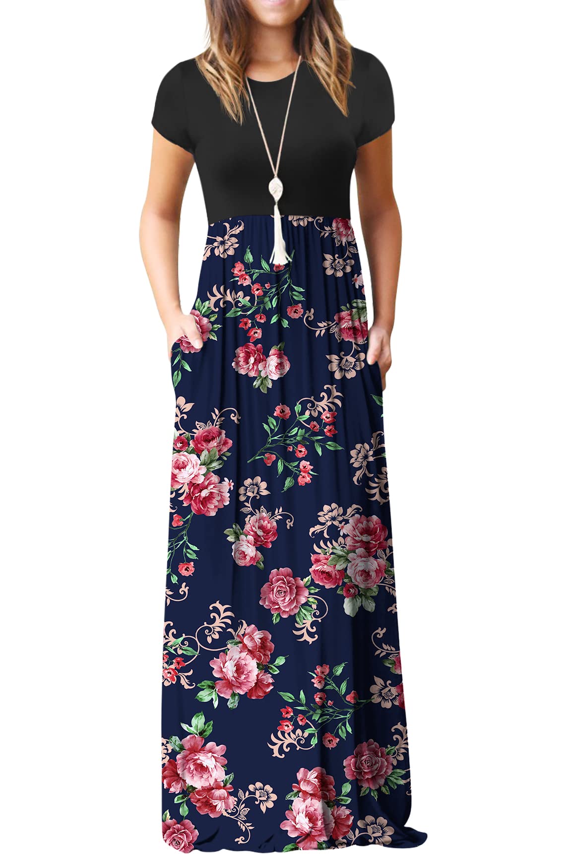 Rochie maxi Bridget pentru femei – guler rotund uni, croială fluidă și talie înaltă cu buzunare de vară