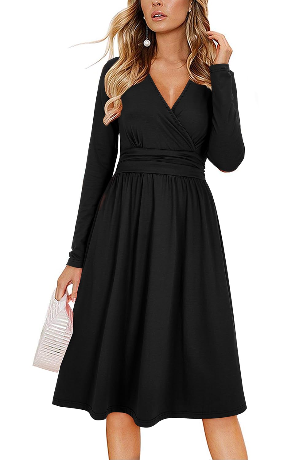 Vestido Regina Mulher – Decote em V Liso, Mangas Compridas e Corte Midi Evasê com Bolsos