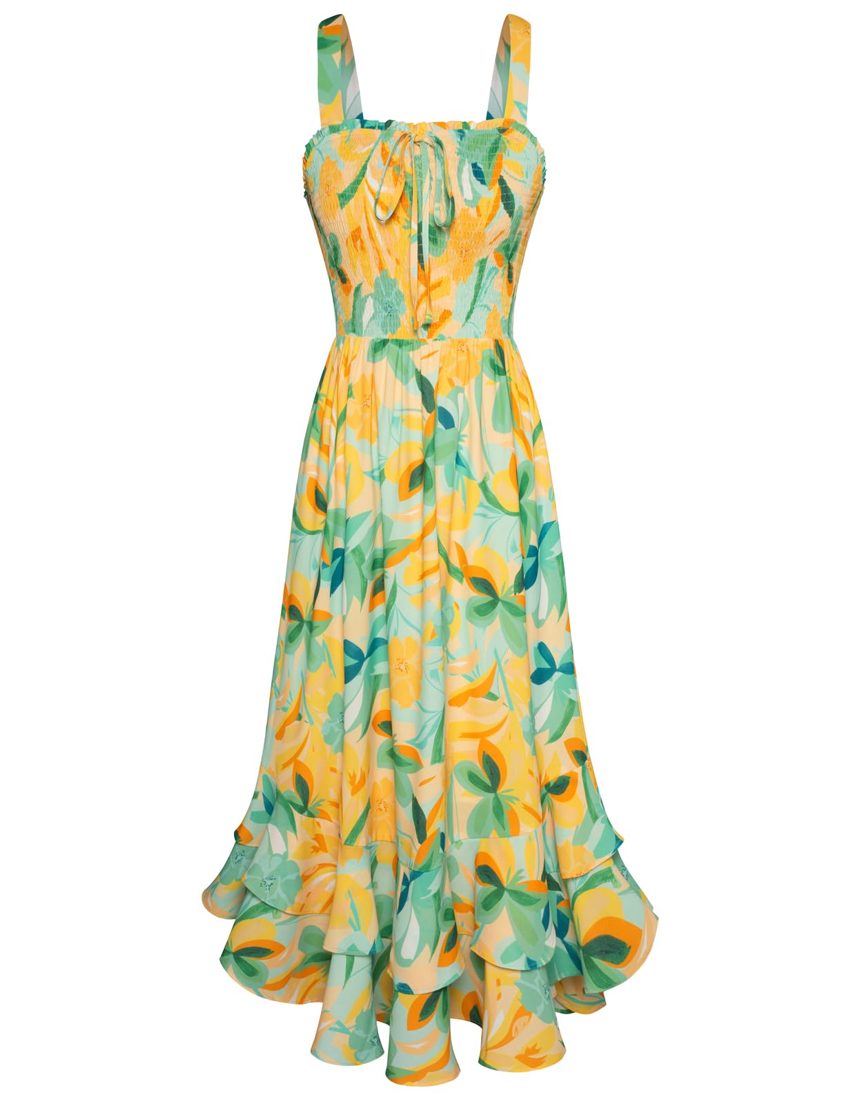Vestido Maxi Mildred para Mulher – Decote Quadrado, Alças, Corte Evasé com Pregas e Barra com Folhos Verão