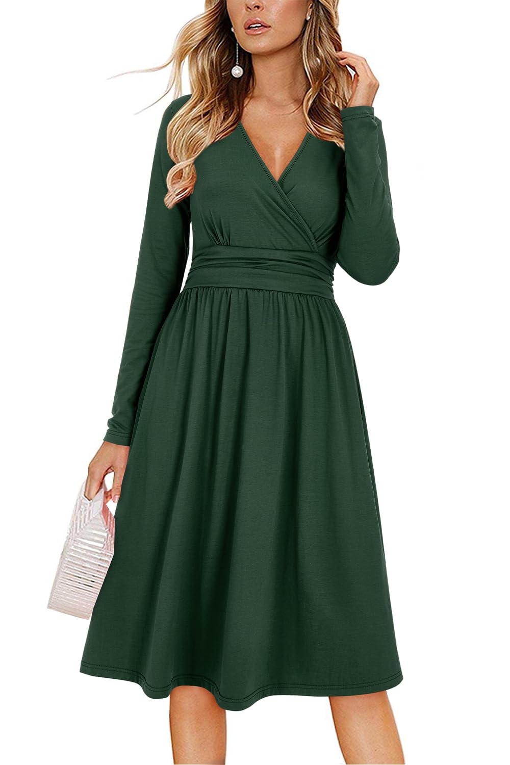 Vestido Regina Mulher – Decote em V Liso, Mangas Compridas e Corte Midi Evasê com Bolsos