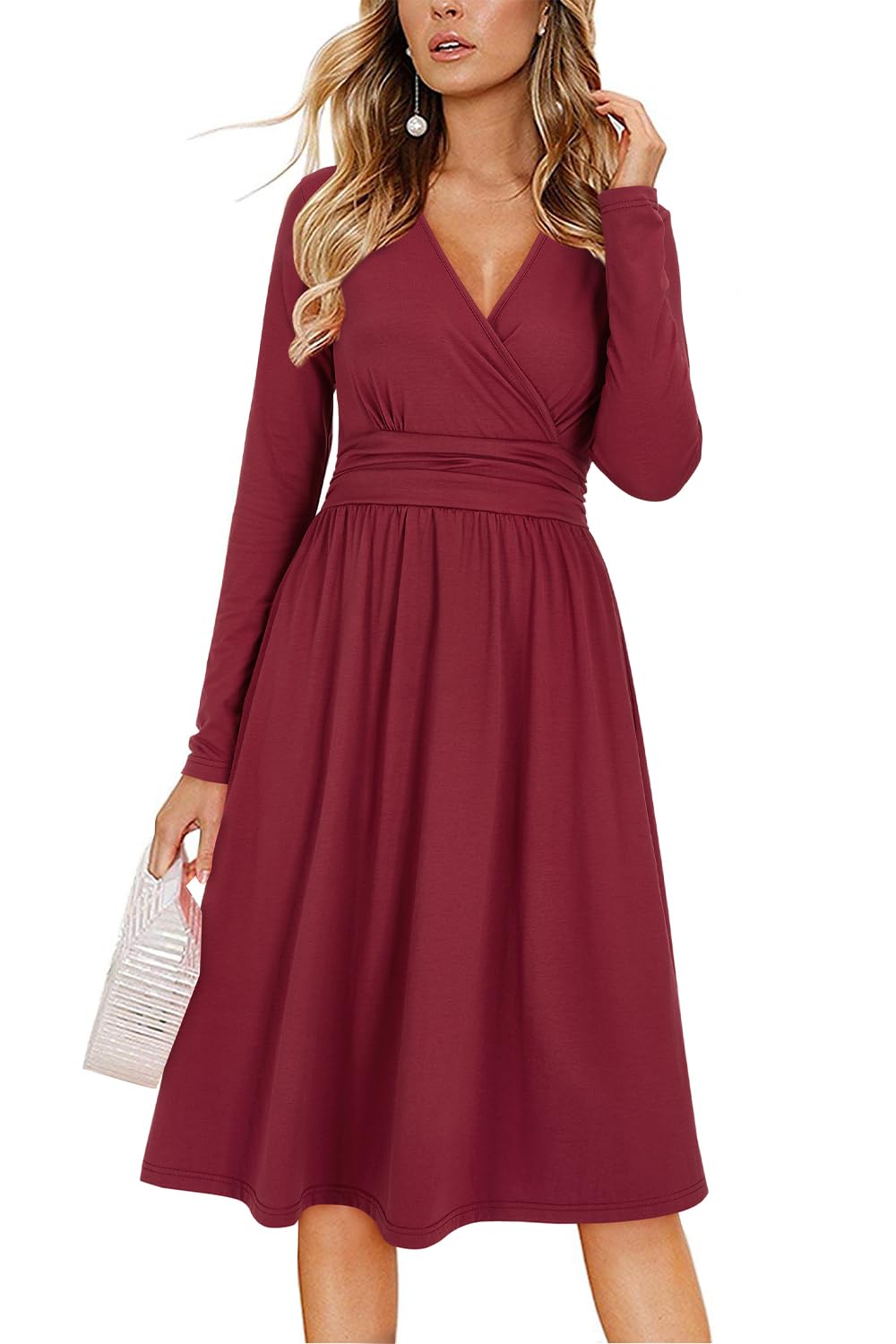 Vestido Regina Mulher – Decote em V Liso, Mangas Compridas e Corte Midi Evasê com Bolsos