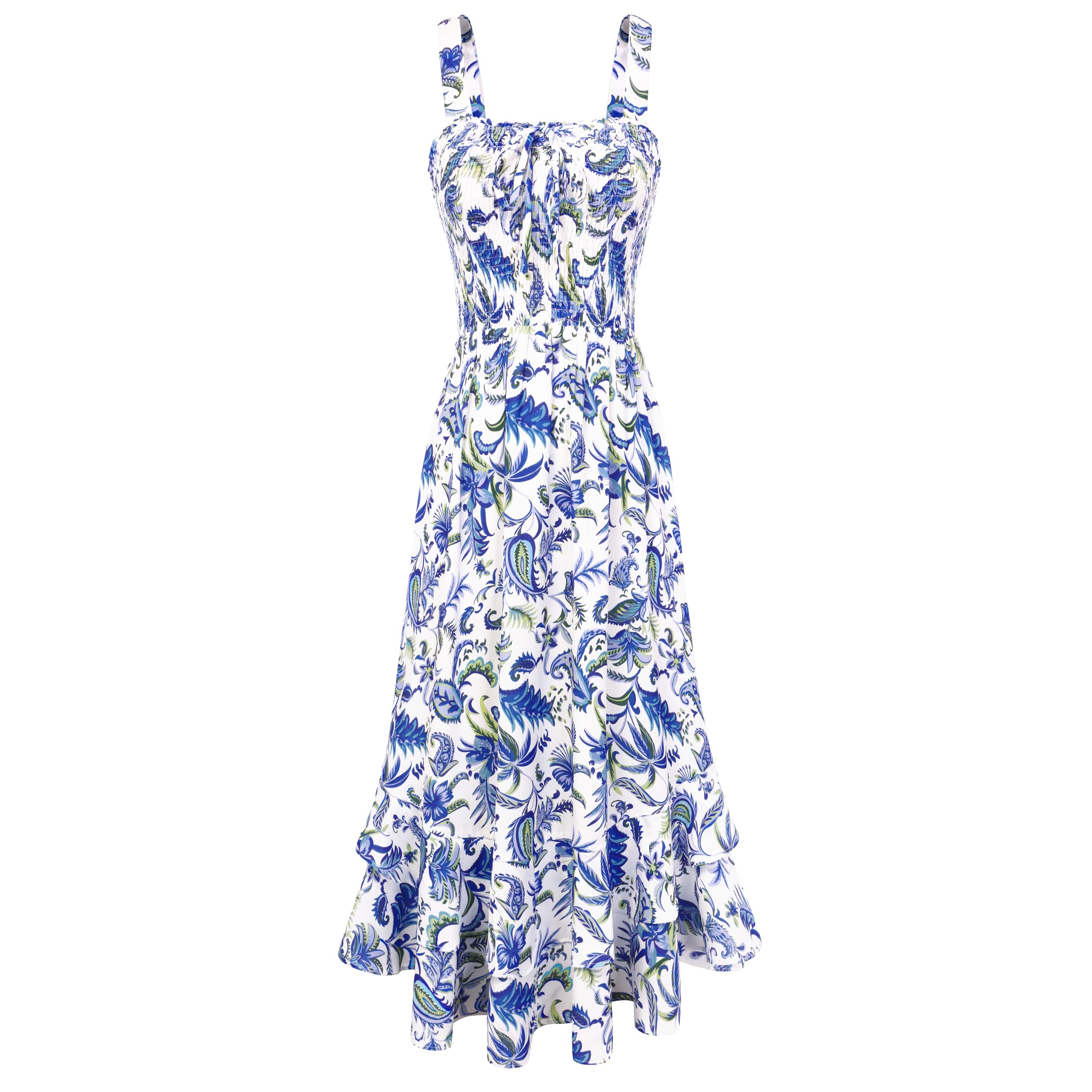 Vestido Maxi Mildred para Mulher – Decote Quadrado, Alças, Corte Evasé com Pregas e Barra com Folhos Verão