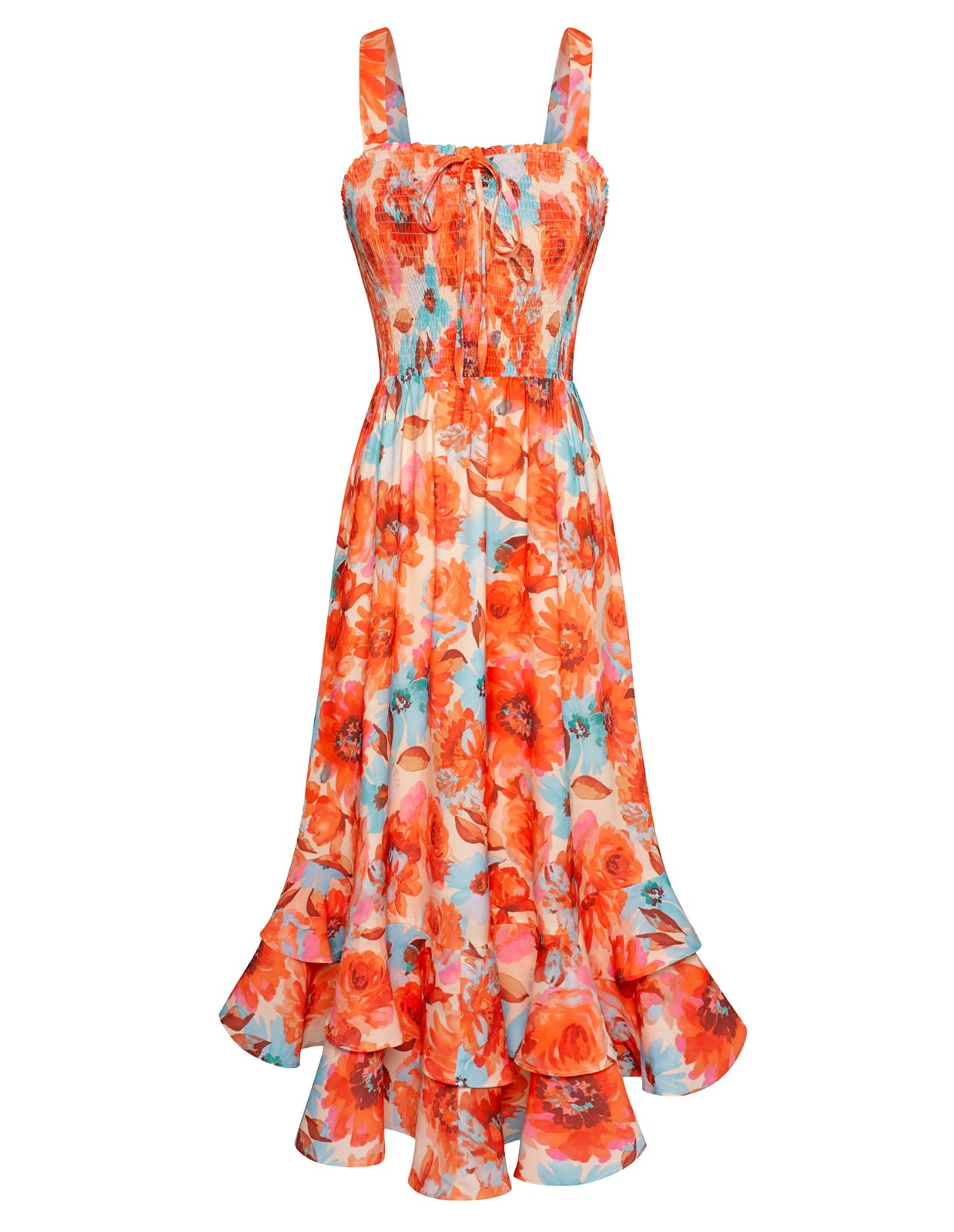 Vestido Maxi Mildred para Mulher – Decote Quadrado, Alças, Corte Evasé com Pregas e Barra com Folhos Verão