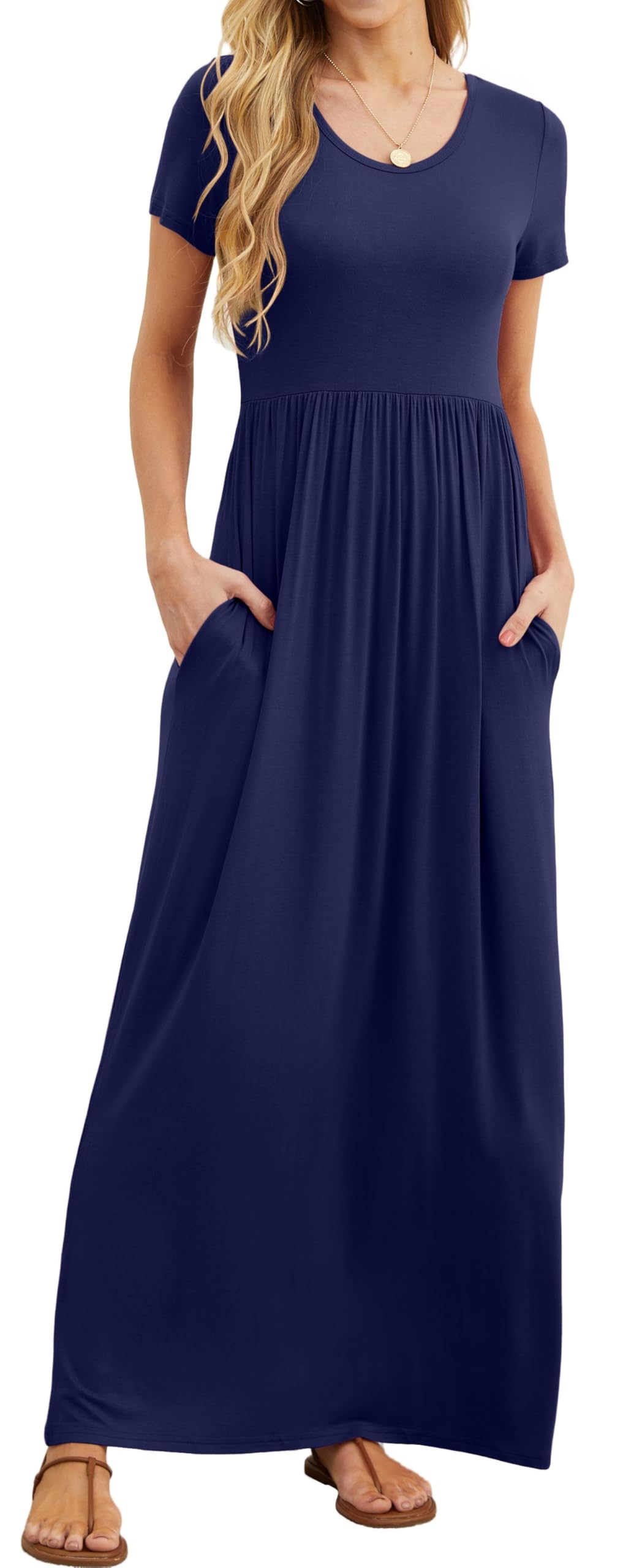 Rochie maxi Bridget pentru femei – guler rotund uni, croială fluidă și talie înaltă cu buzunare de vară