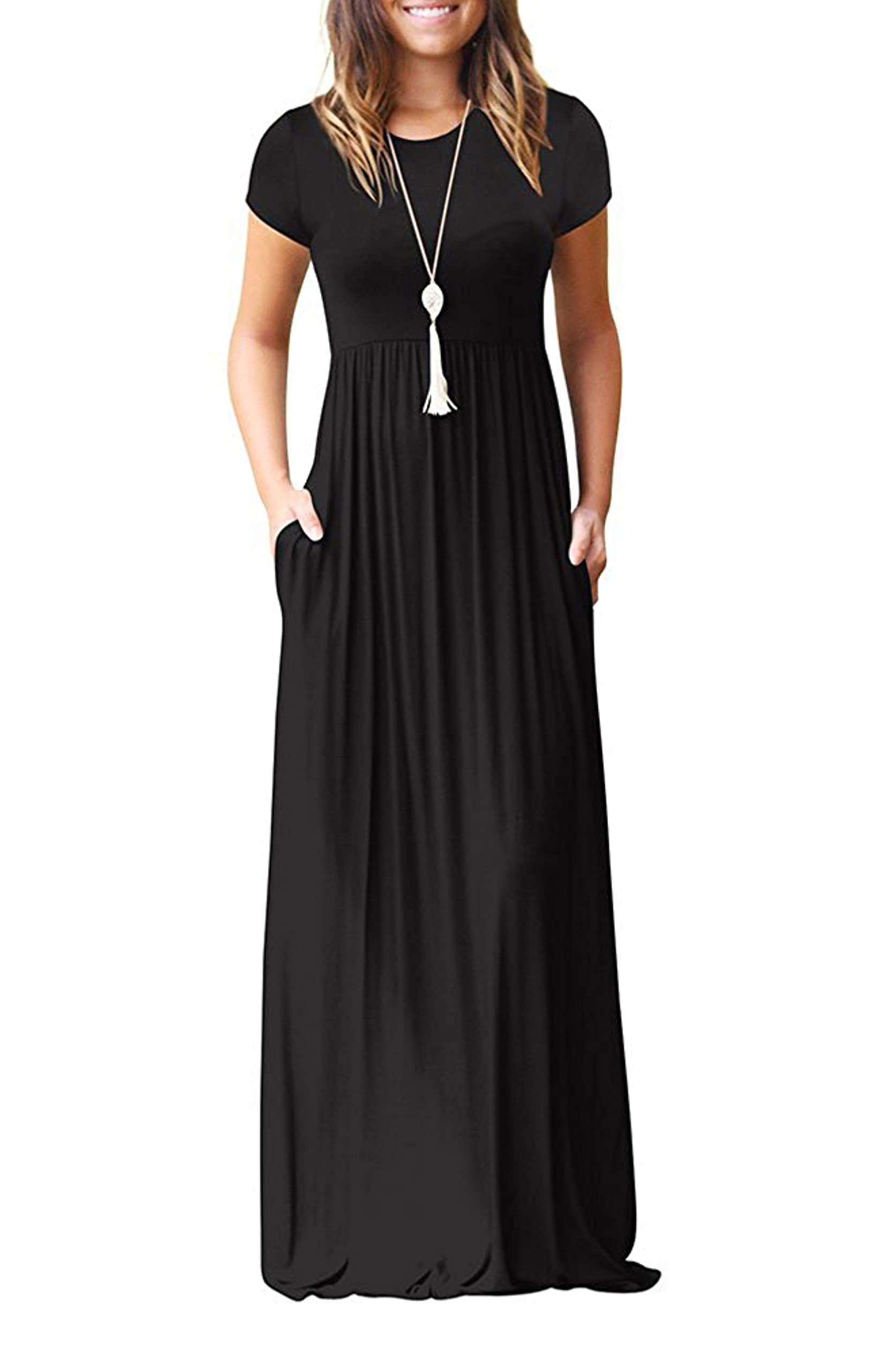Rochie maxi Bridget pentru femei – guler rotund uni, croială fluidă și talie înaltă cu buzunare de vară