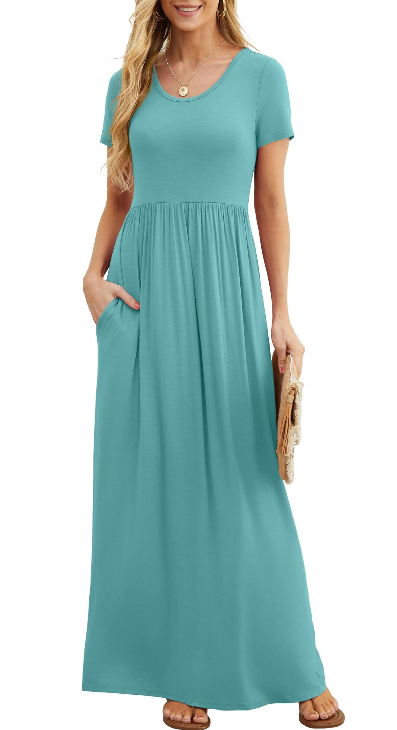 Rochie maxi Bridget pentru femei – guler rotund uni, croială fluidă și talie înaltă cu buzunare de vară