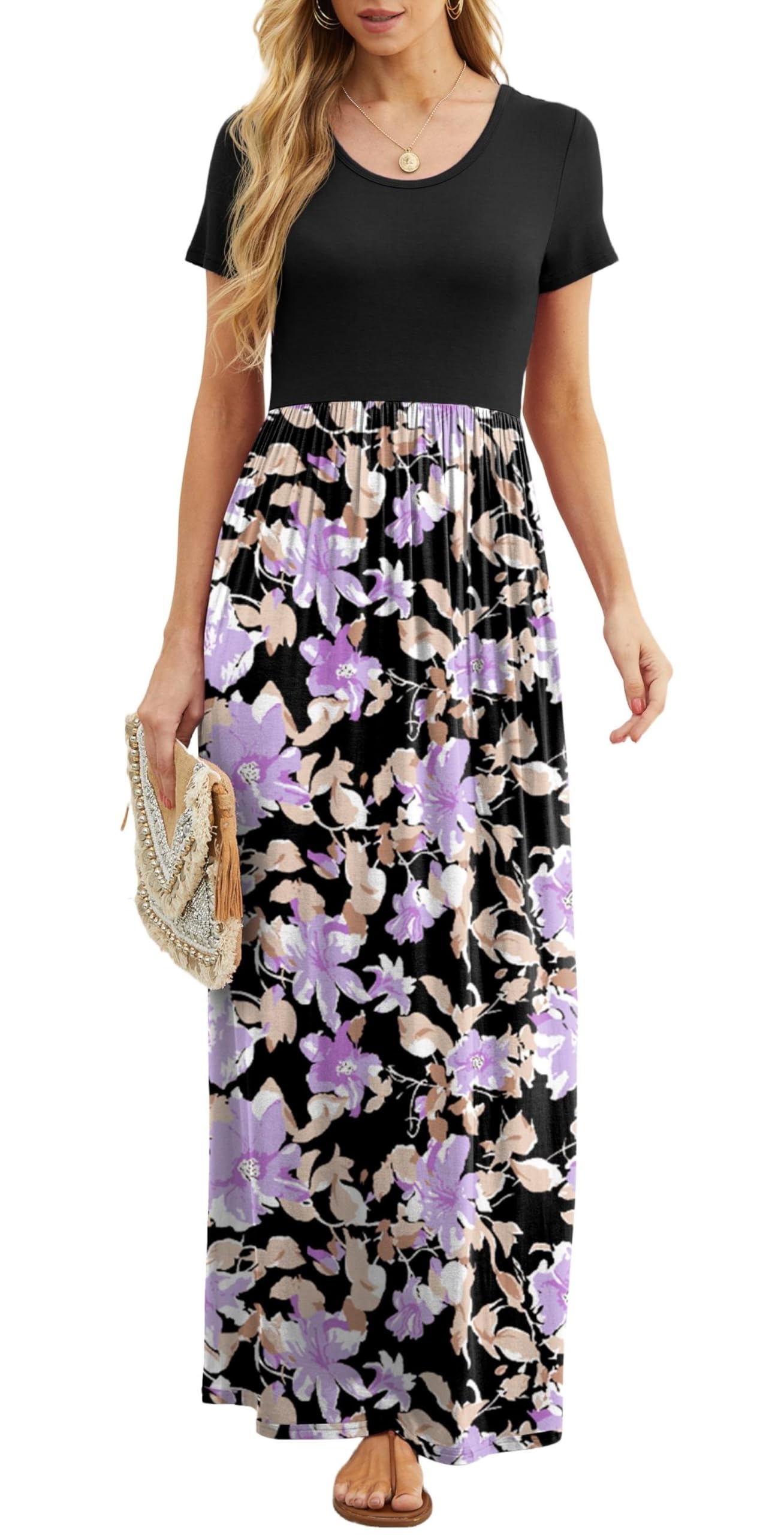Rochie maxi Bridget pentru femei – guler rotund uni, croială fluidă și talie înaltă cu buzunare de vară