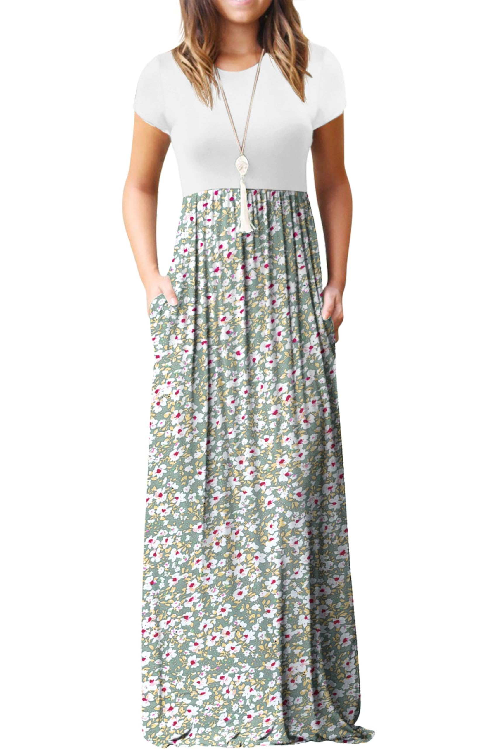 Rochie maxi Bridget pentru femei – guler rotund uni, croială fluidă și talie înaltă cu buzunare de vară