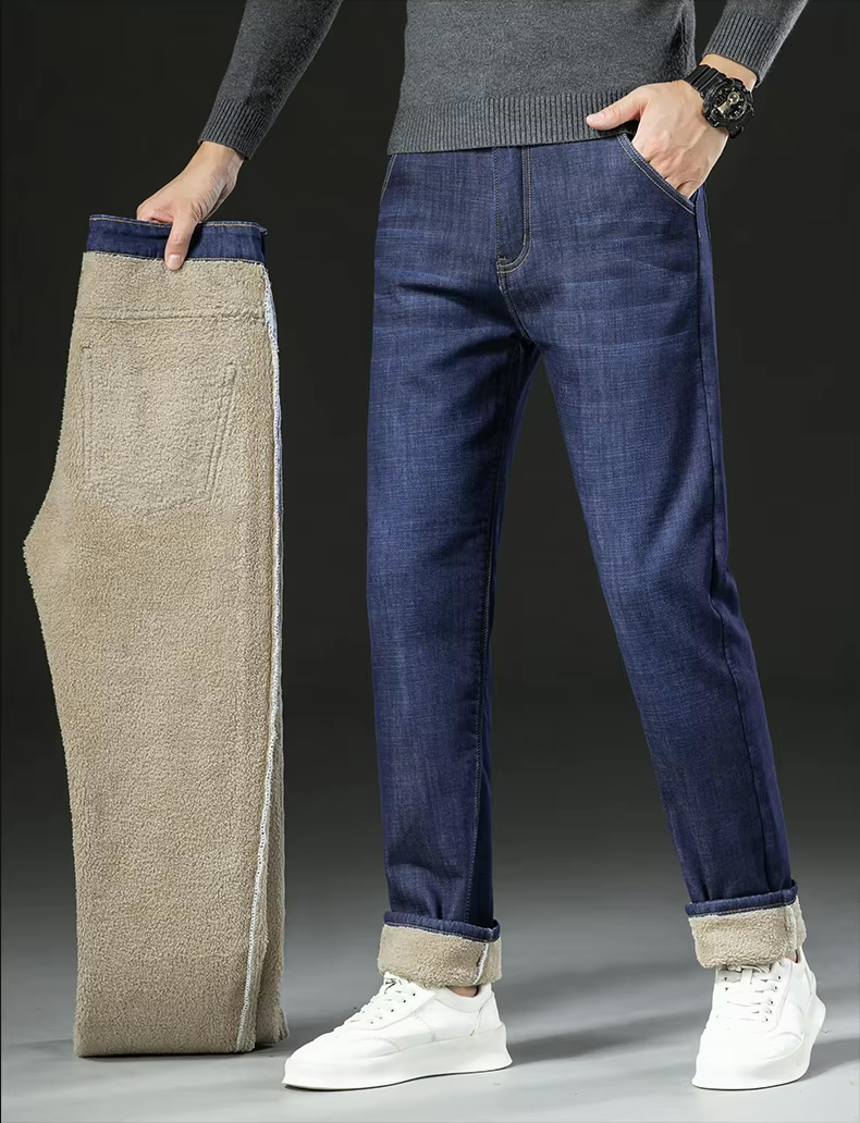 René Jean Pantalon bărbați căptușit cu polar – Pantalon denim călduros slim fit pentru iarnă