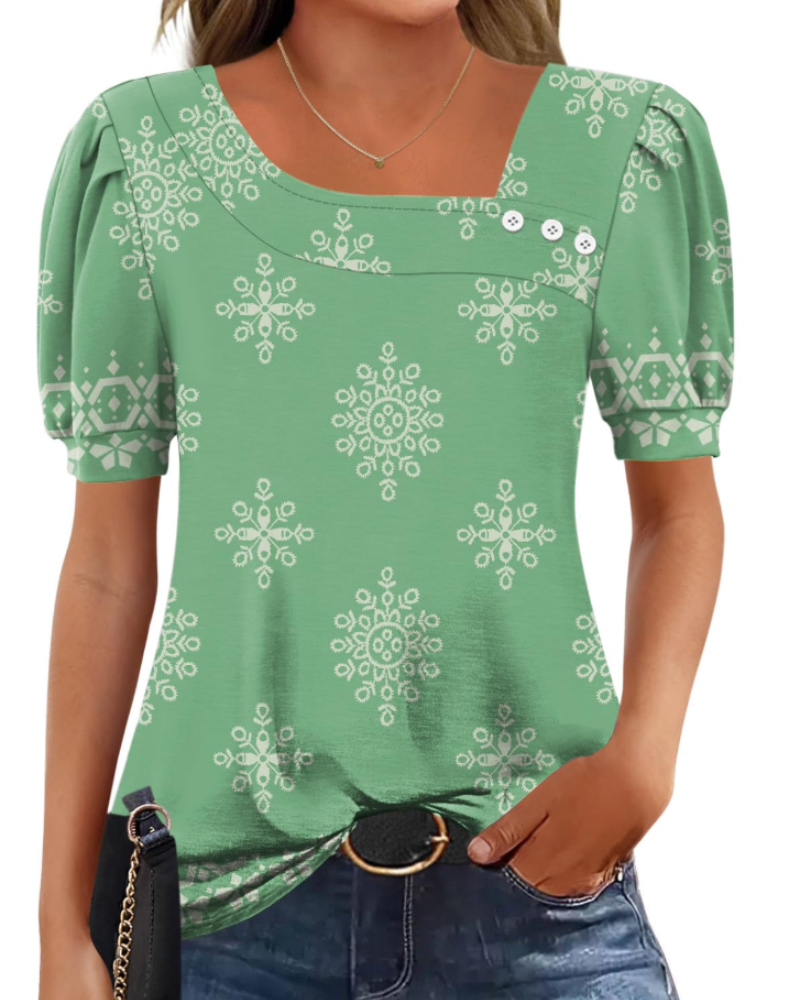 Samira Damen-Top – Asymmetrische Bluse mit quadratischem Ausschnitt und Knöpfen, elegante kurze Ärmel