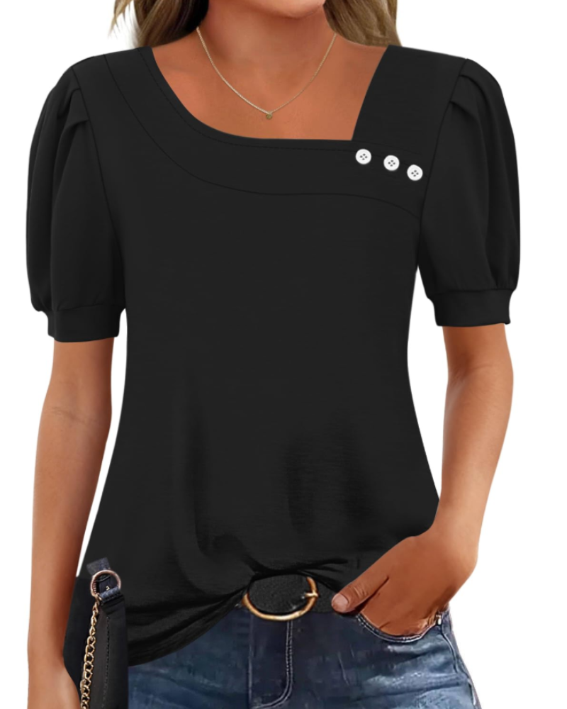 Samira Damen-Top – Asymmetrische Bluse mit quadratischem Ausschnitt und Knöpfen, elegante kurze Ärmel