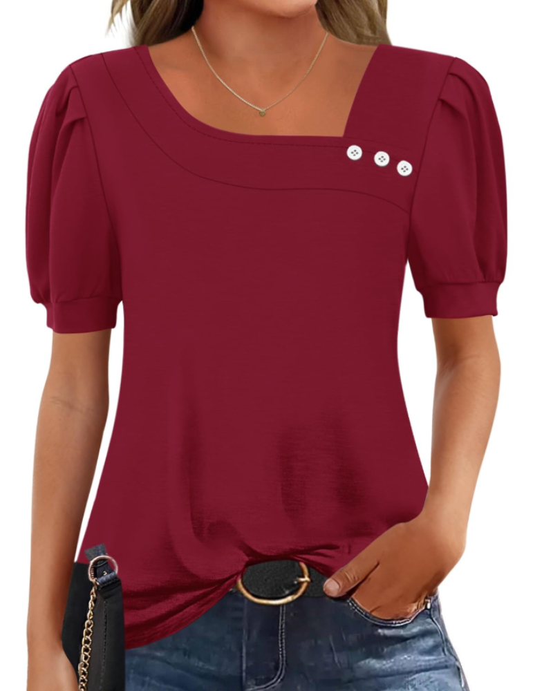 Samira Damen-Top – Asymmetrische Bluse mit quadratischem Ausschnitt und Knöpfen, elegante kurze Ärmel
